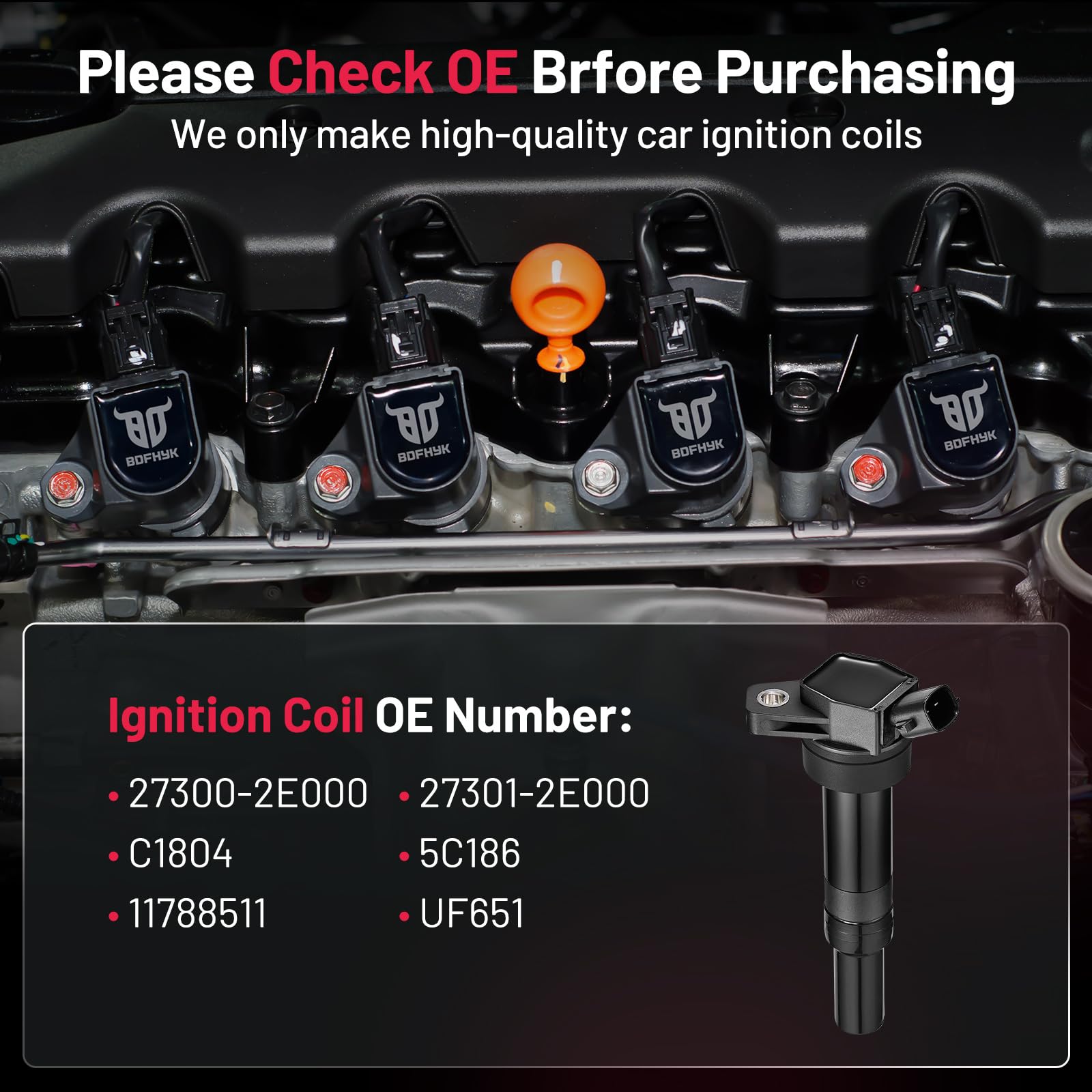 BDFHYK Ignition Coils Pack Compatible with Hyundai Elantra GT Coupe Tucson Kia Soul Forte l4 2.0L 1.8L Coil for UF651 27300-2E00