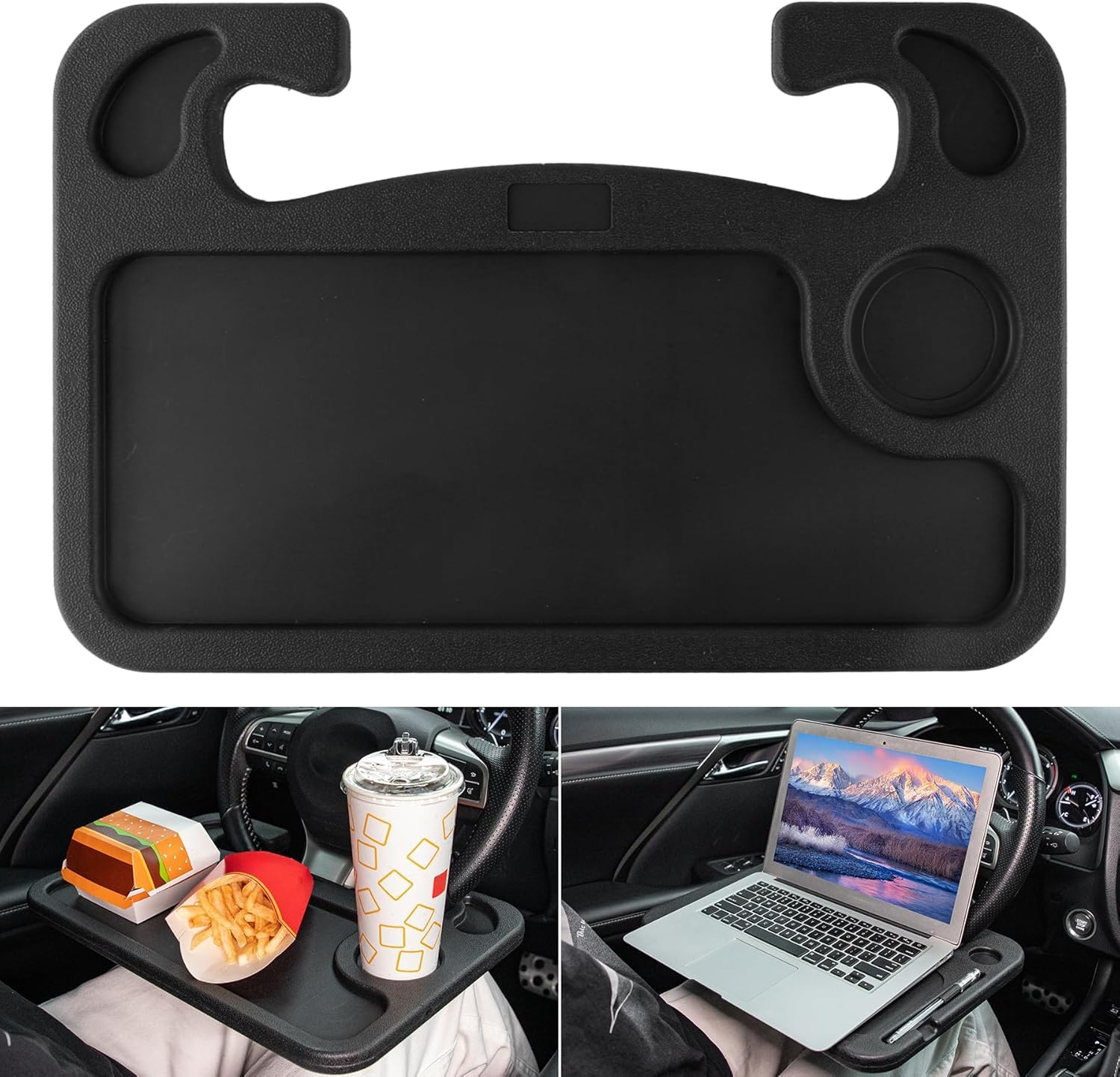 ACHARAJ 2 in 1 Car Steering Wheel Desk, Tray for Laptop Car Mount with Pen Holder| Food Tray for Eating with Drinks Holder | Mul