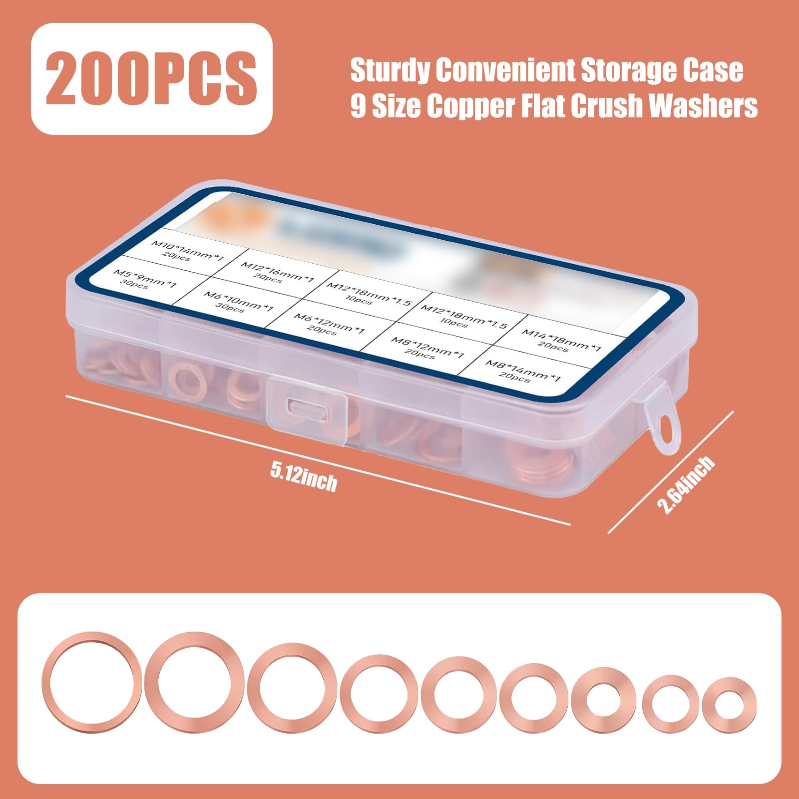 Jeseny 200 Pcs Flat Washers Assortment Set, Copper Metric Sealing Gaskets, Muti-Sized Sump Plugs, Oil Sealing Replacements M5 M6