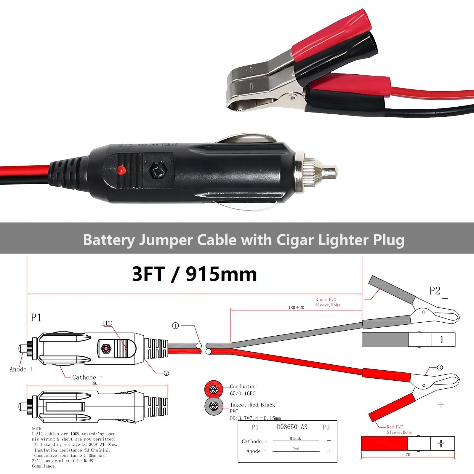 Alligator Clamp To Male Cigarette Lighter Extension Cable - 12V-24V Jumper Battery Charge Cord 3Ft Automotive Electrical Clip-On