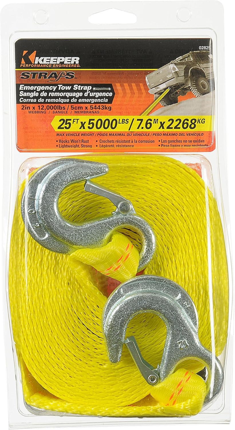 KEEPER Tow Straps Heavy Duty with Hooks - 2 x 25' Towing and Recovery Strap, 12,000 lbs Break Strength - Durable Zinc-Plated H