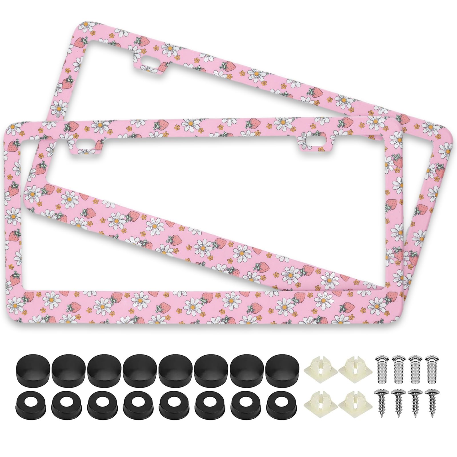 Pink Strawberry Daisy Flowers License Plate Frames, 2 Pack Strawberry Flower Car Plate Frame, Stainless Steel License Plate Hold