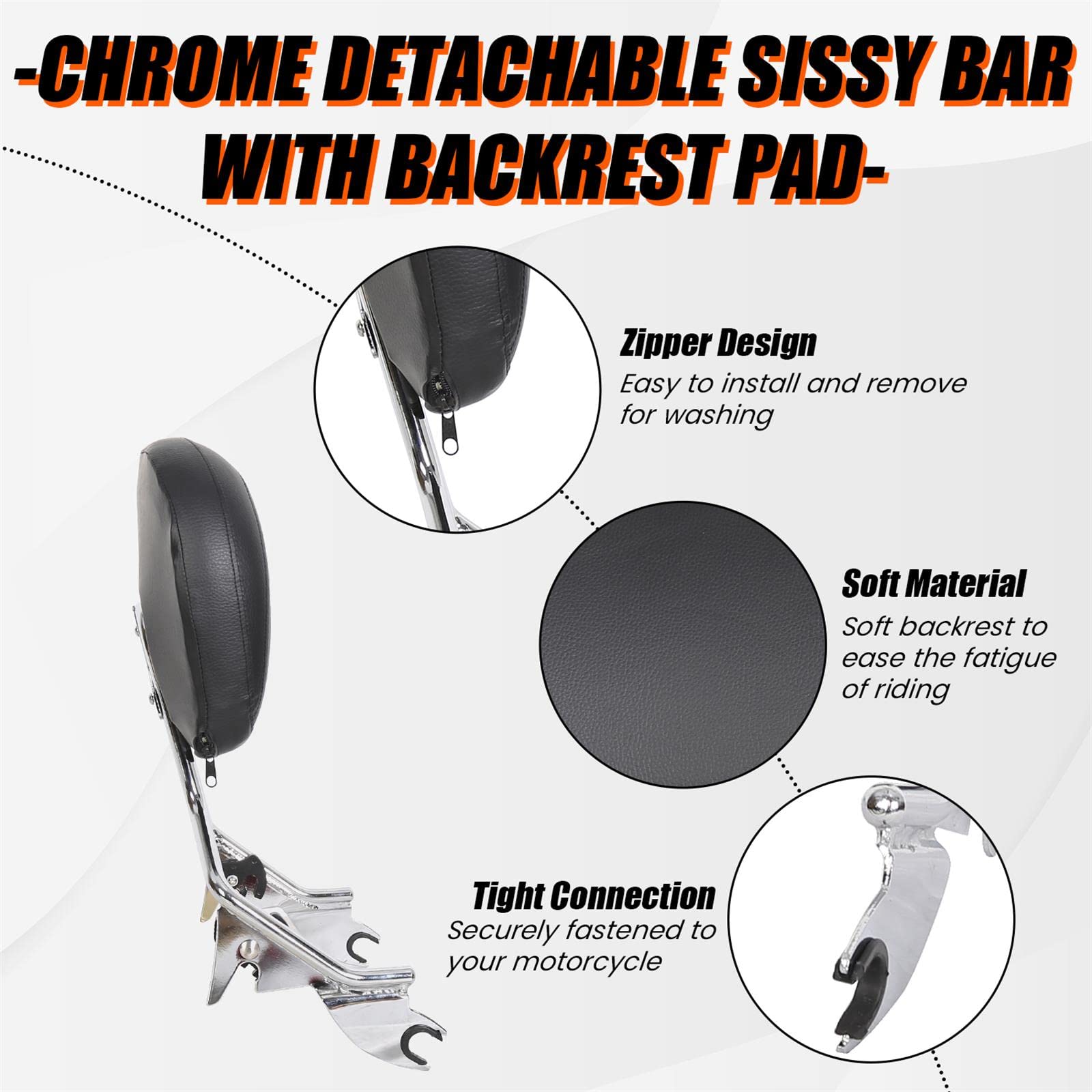 Ecotric Adjustable Detachable Sissy Bar Backrest Compatible With 2009-2024 Harley Touring Road Electra Tri Street Glide/Road King/Ultra Limited Flhx Flhr W/Pad (Chrome)