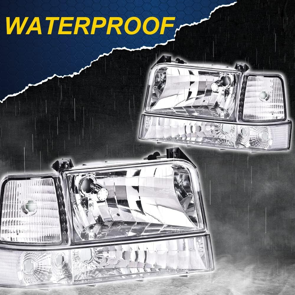 Cheda Headlights Assembly Compatible With 1992-1996 Ford Bronco F150/1992-1997 F250 F350 Super Duty W/Corner Signal Bumper Lamps