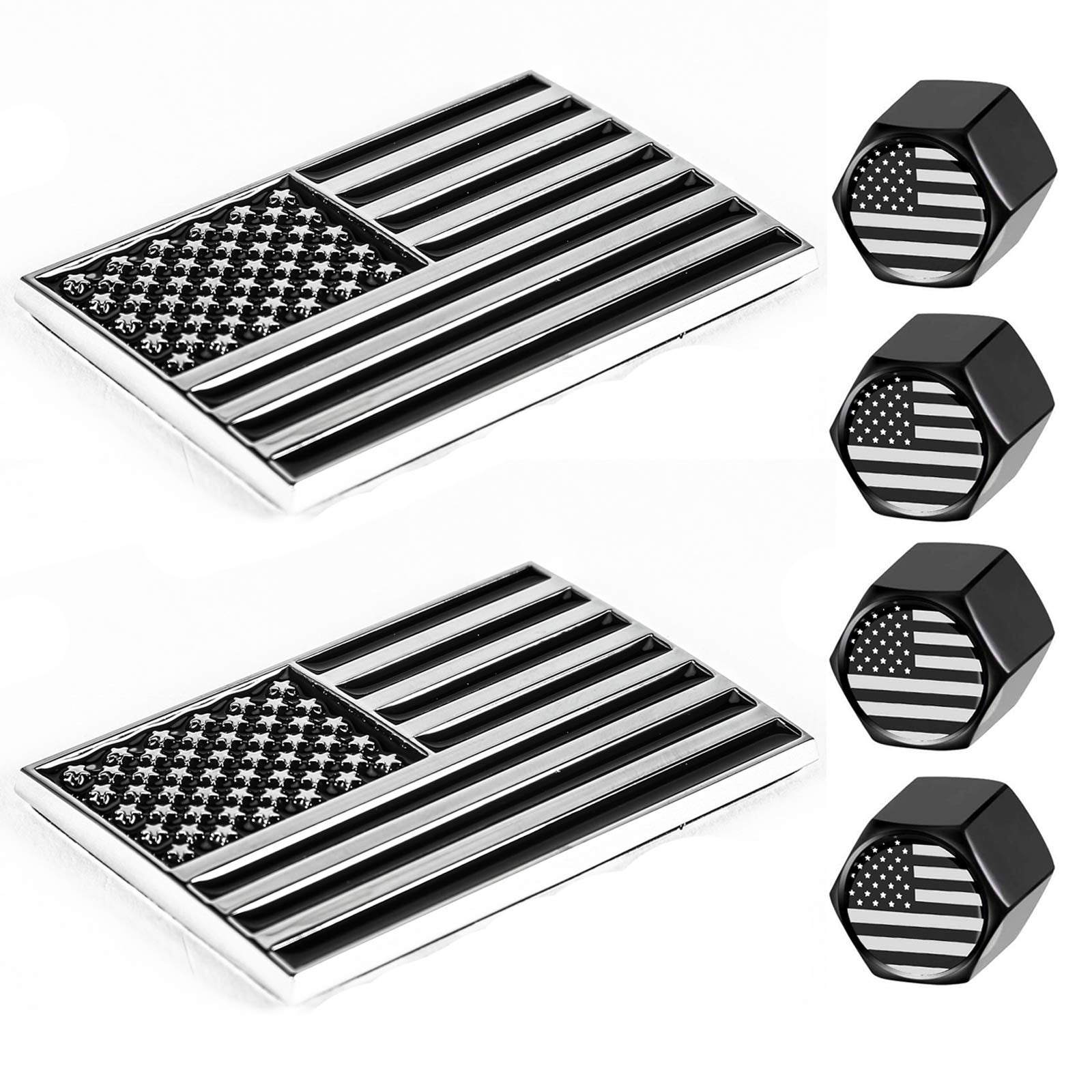 Dsycar 2 Pack Metal Embossed American Flag Emblem Decal Stickers - Aluminum Usa Flag Auto Emblem For Cars Trucks - Gifts 4 American Flag Valve Stem Caps