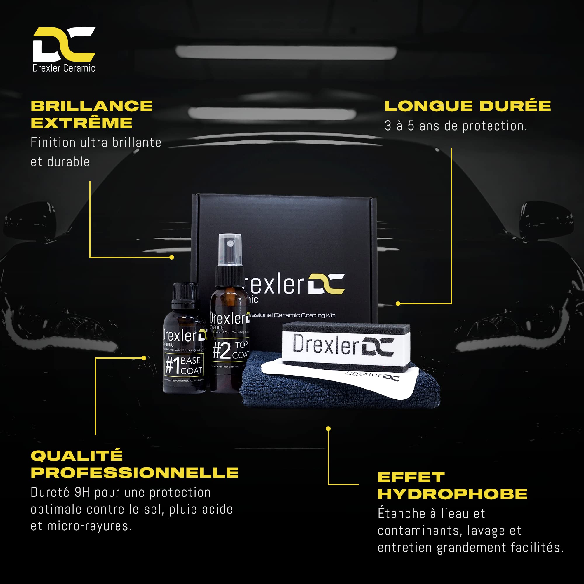 Drexler Ceramic Coating Kit 9H - Professional Grade, 3-5 Years Of Gloss & Protection For Cars, 9H Hardness, Extra Hydrophobic Co