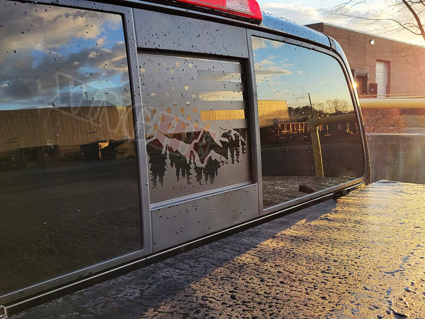 Xinghe For 2019-2025 Chevy Silverado Gmc Sierra, Rear Middle Window Mountain American Flag Decals Stickers, American Flag Rear W