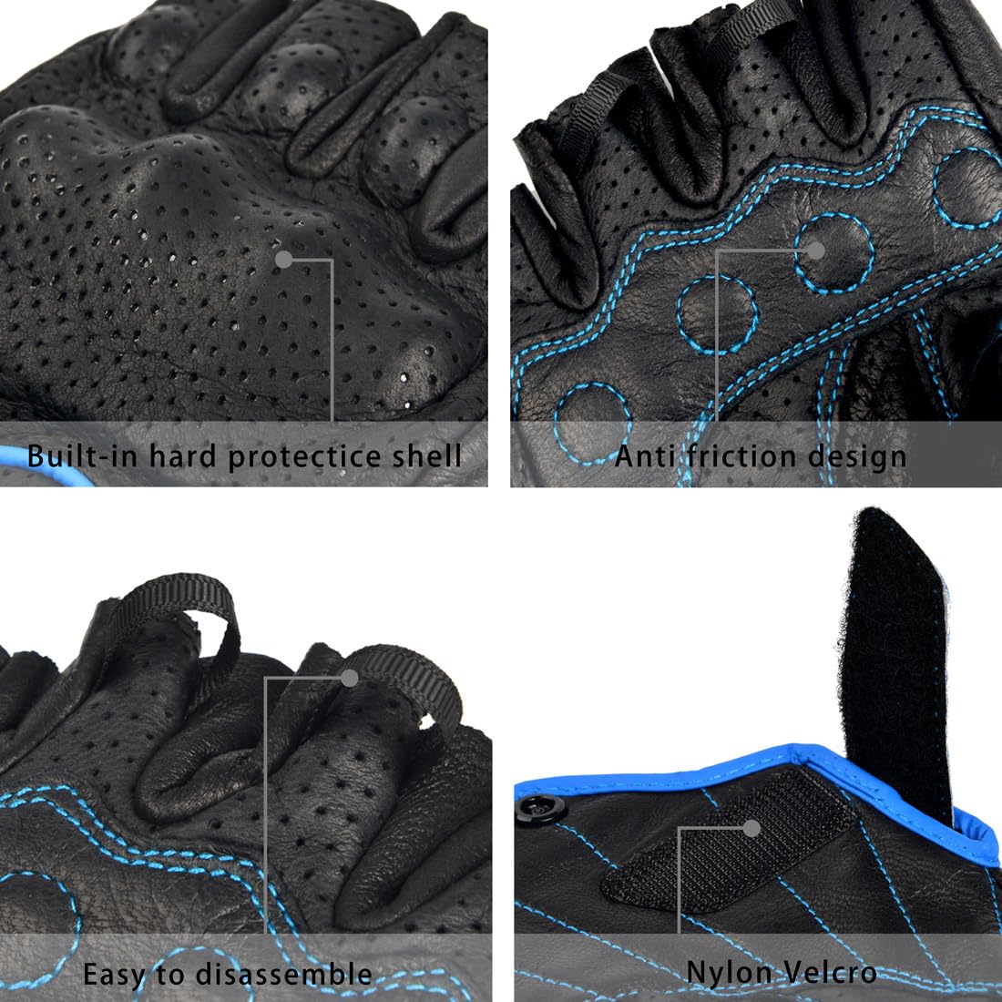 Harssidanzar Men's Motorcycle Gloves Leather Perforated Motorbike Riding Driving Gloves CM044US, Black/Blue, Size Large