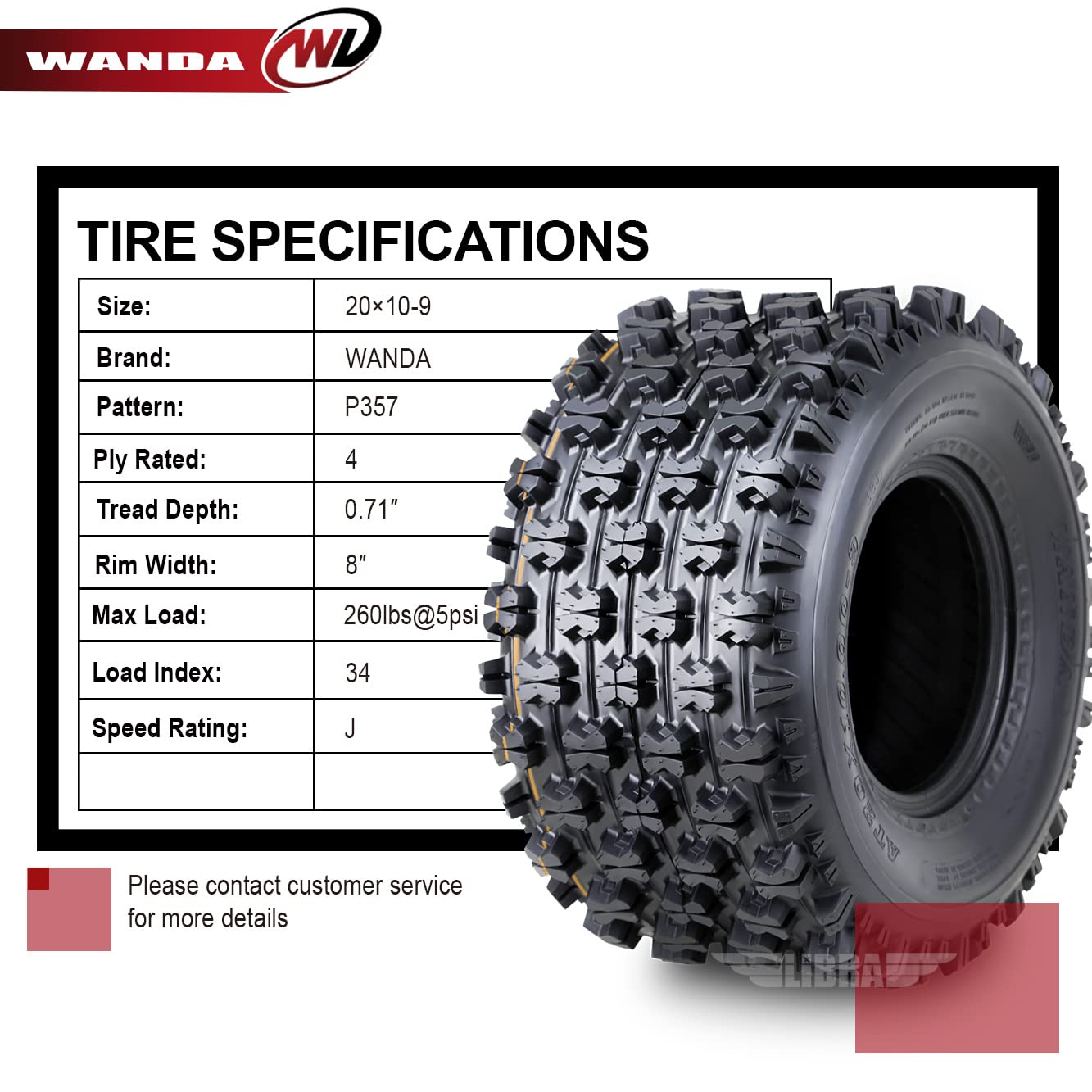 Wanda Set 2 Sport Atv Tires At 20X10-9 P357 Gncc (Grand National Cross Country) Race Tire 0.71'' Lugs 10081