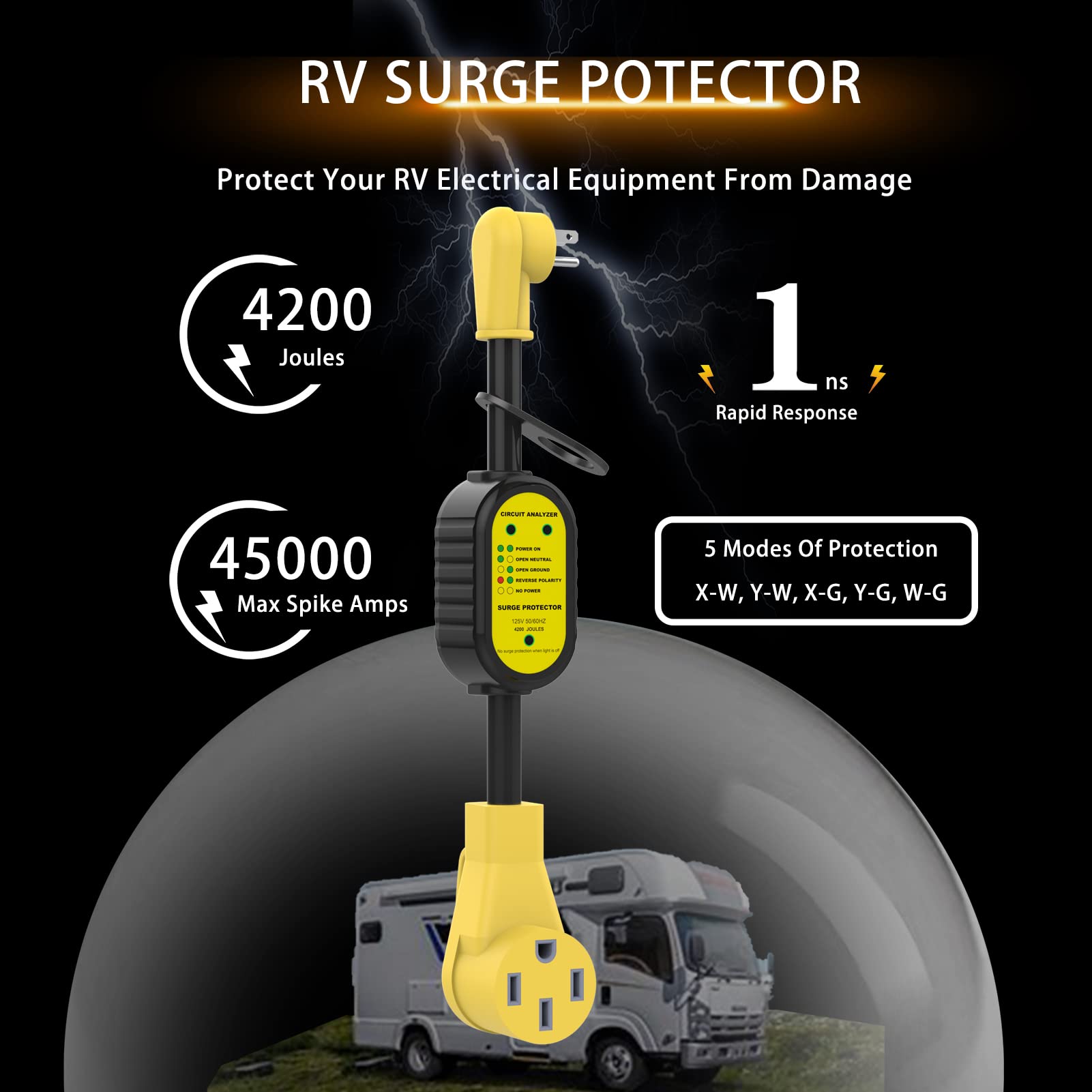 Eygde 15 Amp To 50 Amp Rv Adapter, 4200 Joules Electrical Power Adapter With Surge Protector, Circuit Analyzer Power Guard 5-15P To Nema 14-50R For Camper Travel Trailer