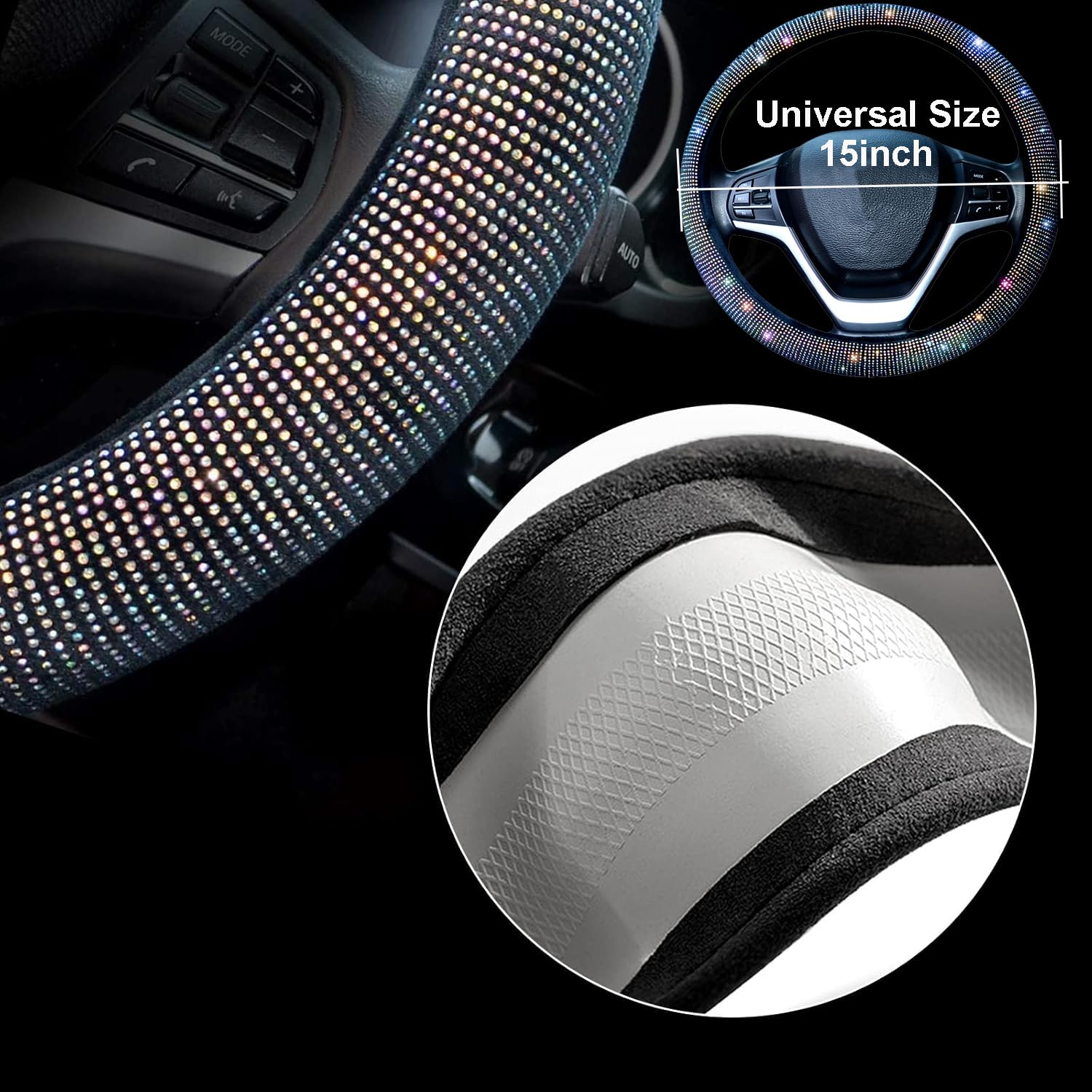 Valleycomfy Bling Steering Wheel Cover, Waterproof Diamond Floor Mats Sparkling 9-Pack Rhinestone Car Accessories For Women (Col