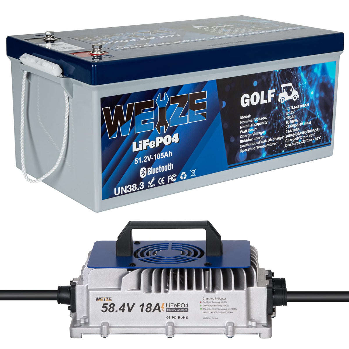 Weize 48V 105Ah Golf Cart Bluetooth Lifepo4 Battery (Replace 6X8V Gc8) With 48V 18A Lithium Batteries Charger, 200A Bms, Grade A