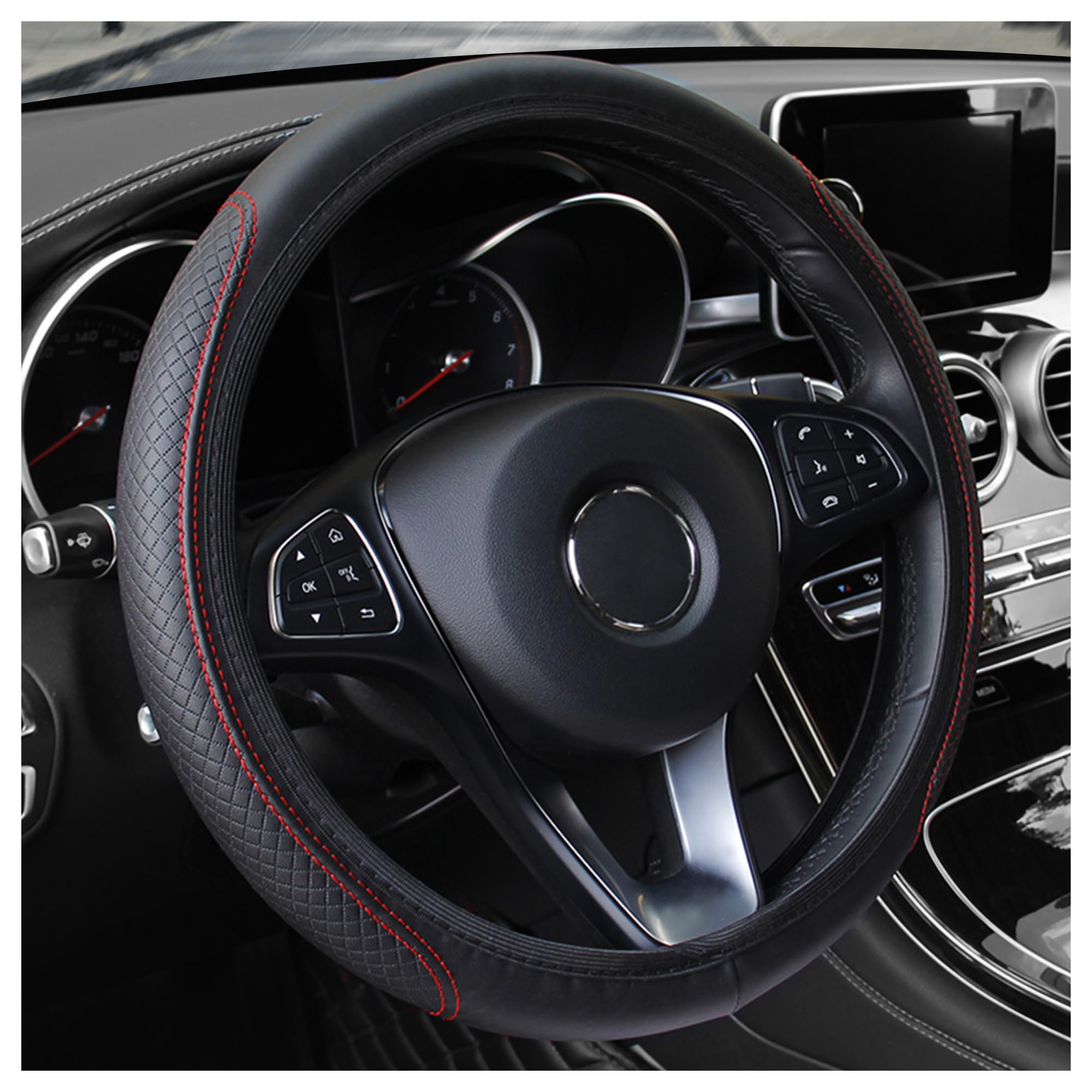 Leather Steering Wheel Cover,Anti Slip Car Steering Wheel Cover For Car Decorations & Steering Wheel Protections,Universal 15Inch Wheel Cover Car Interior Accessories For Men & Women (Black+Red)