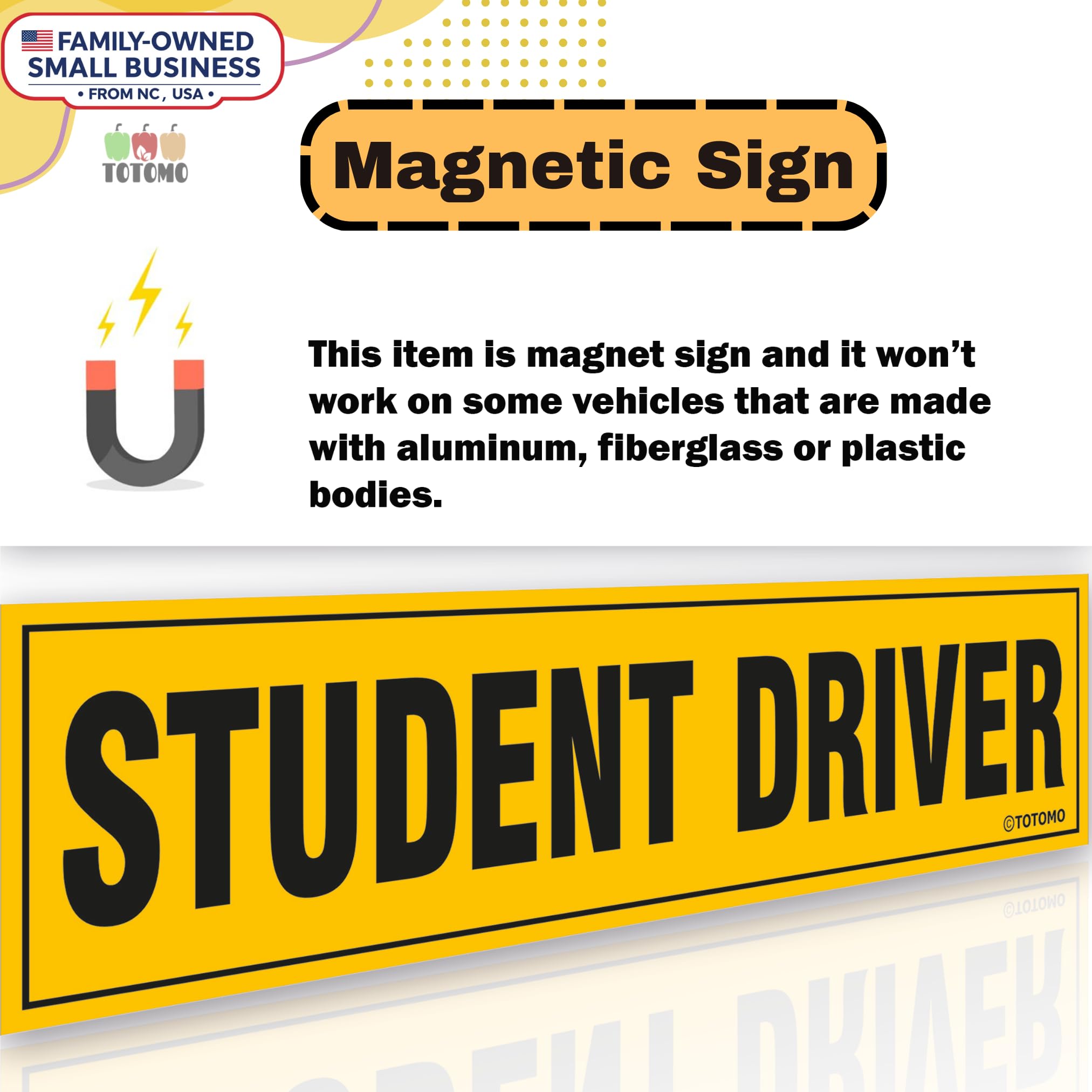 TOTOMO Student Driver Magnet for Car - Large 12''x3'' Magnetic Reflective Vehicle Safety Sign for New Rookie Learner Drivers Rem