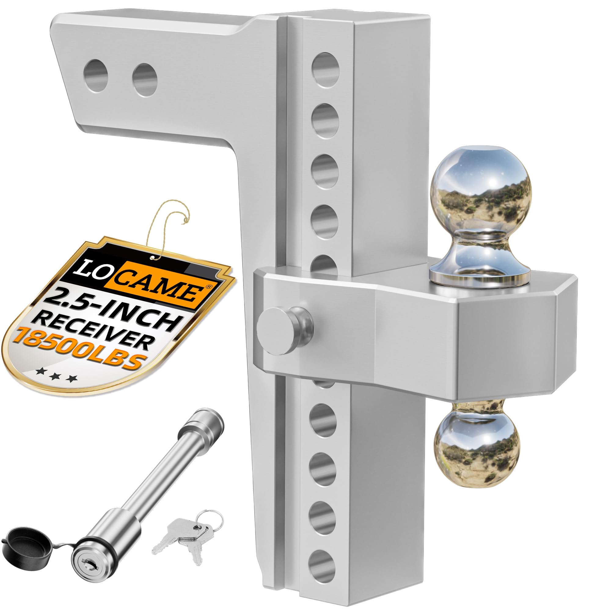 LOCAME Adjustable Trailer Hitch, 10-Inch Drop/Rise, Aluminum, 18,500 LBS GTW, Silver, Model LC0009 for Heavy Duty Trucks