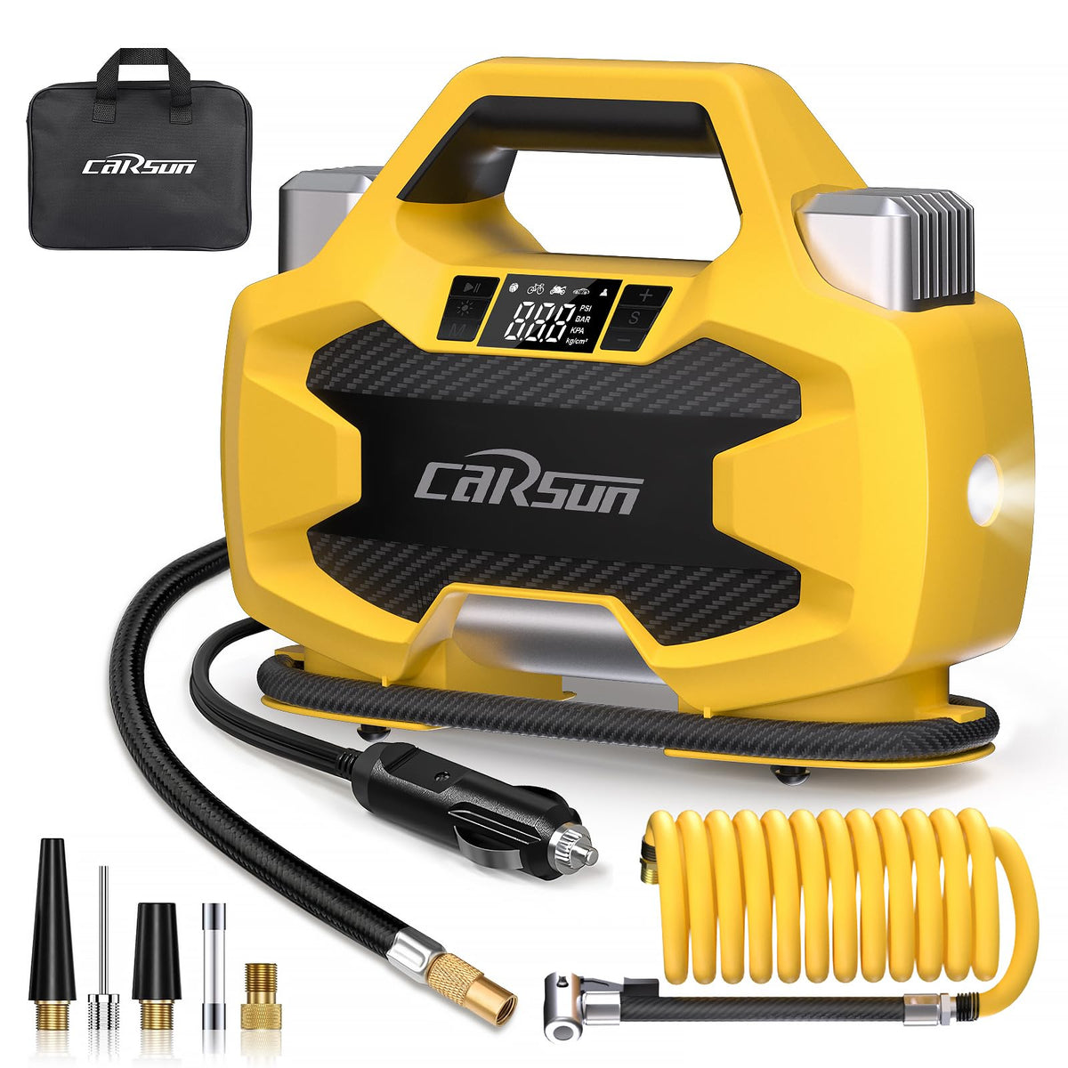 carsun Portable Heavy Duty Tire Inflator Pump,Dual Cylinders & Dual Motors Tire Pump,150PSI Air Pump Auto Shutoff with Screen,DC
