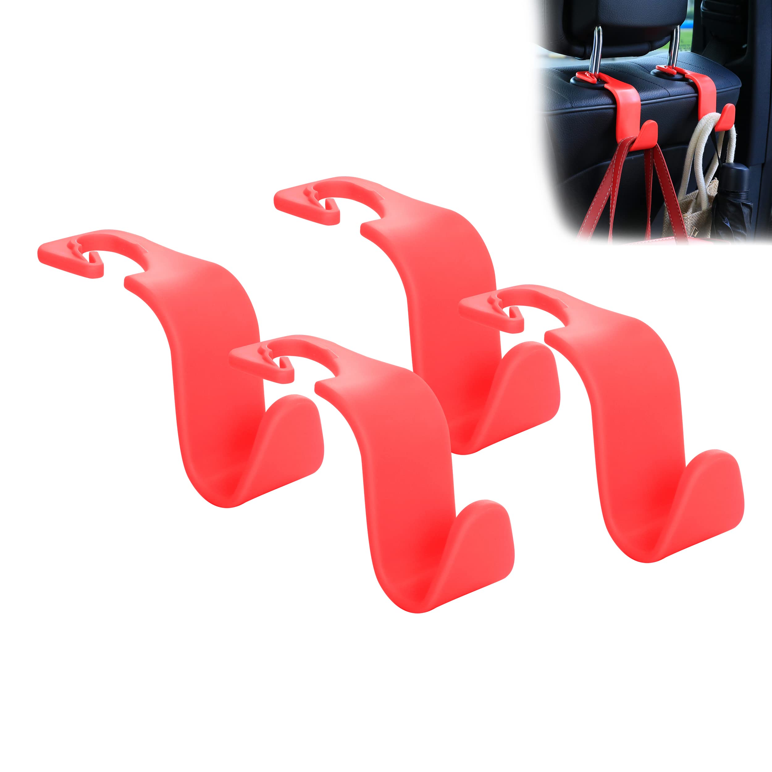 Amooca Car Seat Headrest Hook 4 Pack Hanger Storage Organizer Universal For Handbag Purse Coat Universal Fit Vehicle Car Red Wit