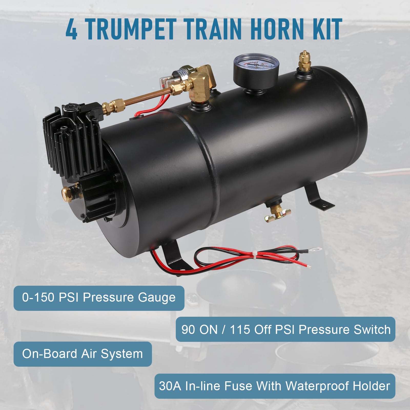 4 Trumpet Train Horn Kit for Car Truck Pickup Semi Jeep RV SUV 12v Complete Onboard System 150psi Air Compressor 1 Gallon Air Ta