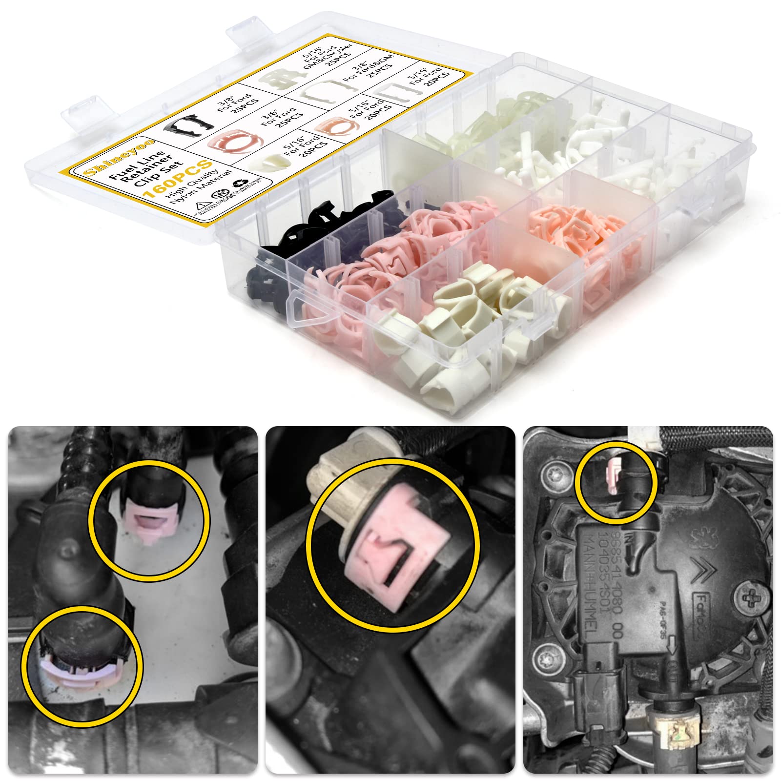Shineyoo Fuel Line Retainer Clips 160Pcs, 3/8 & 5/16 Fuel Line Retaining Clip Assortment Kit For Ford Gm