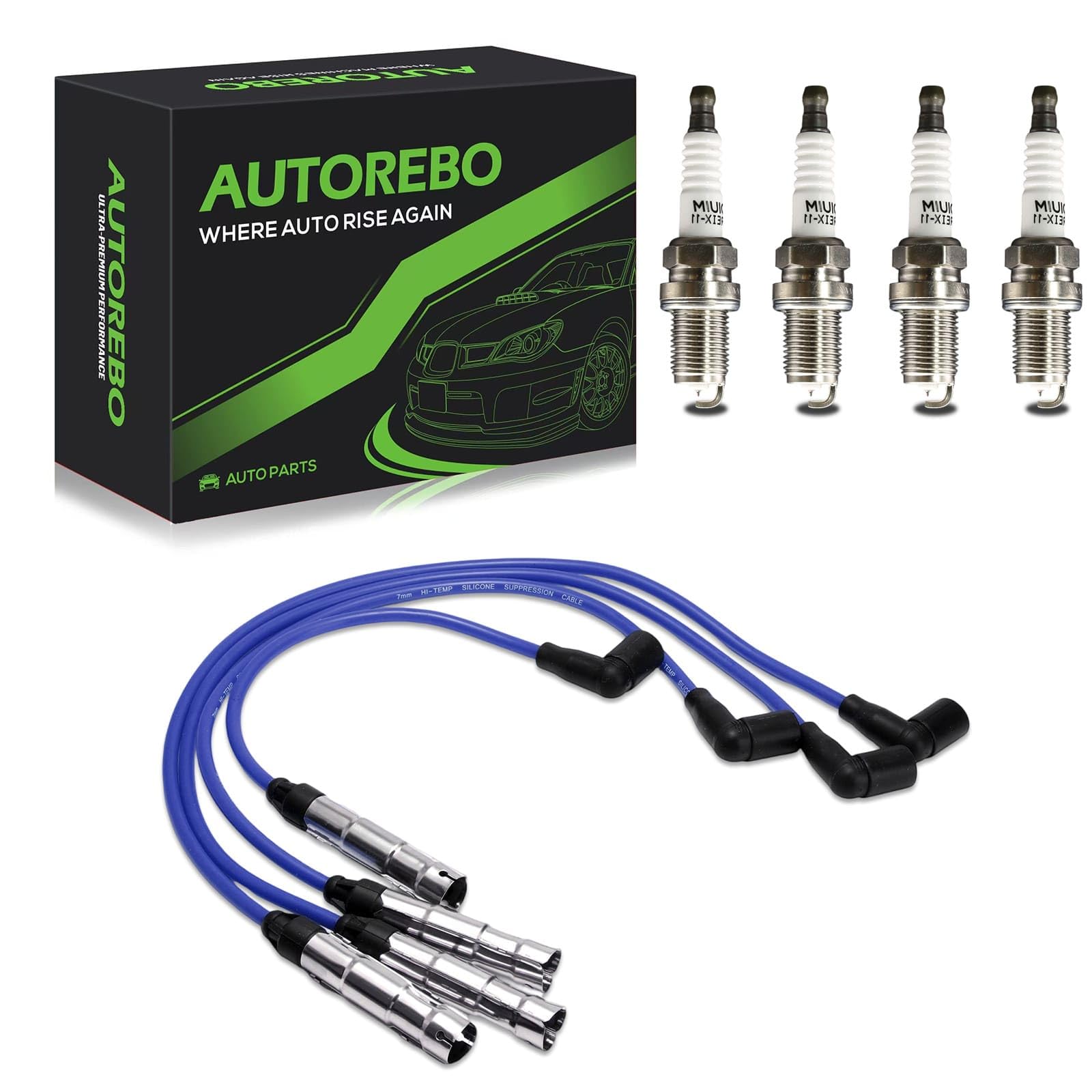 Iridium Spark Plugs with Wire Set Compatible with Volkswagen Jetta Golf Beetle L4 2.0L # 55601 671-4125 57041 RC-VWC035 06A90540