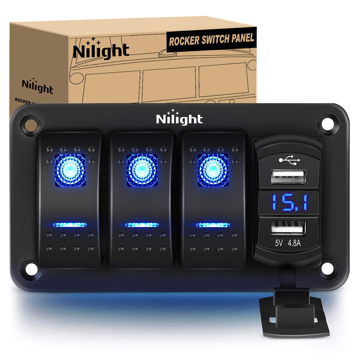 Nilight 3 Gang Rocker Switch Panel With 4.8 Amp Dual Usb Charger Voltmeter Waterproof 12V 24V Dc Rocker Switch With Night Glow S