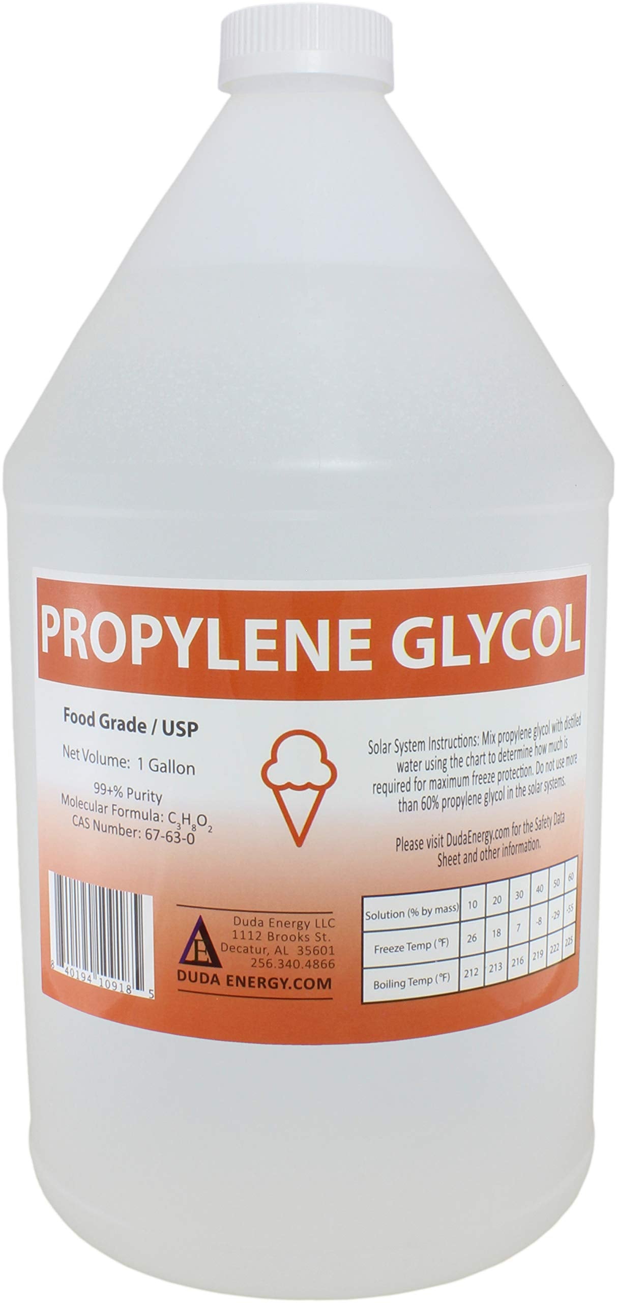 Duda Energy Propgly 1 Gal Jug Propylene Glycol Food Grade Usp 99.5+% Pure Concentration With Child Safety Cap