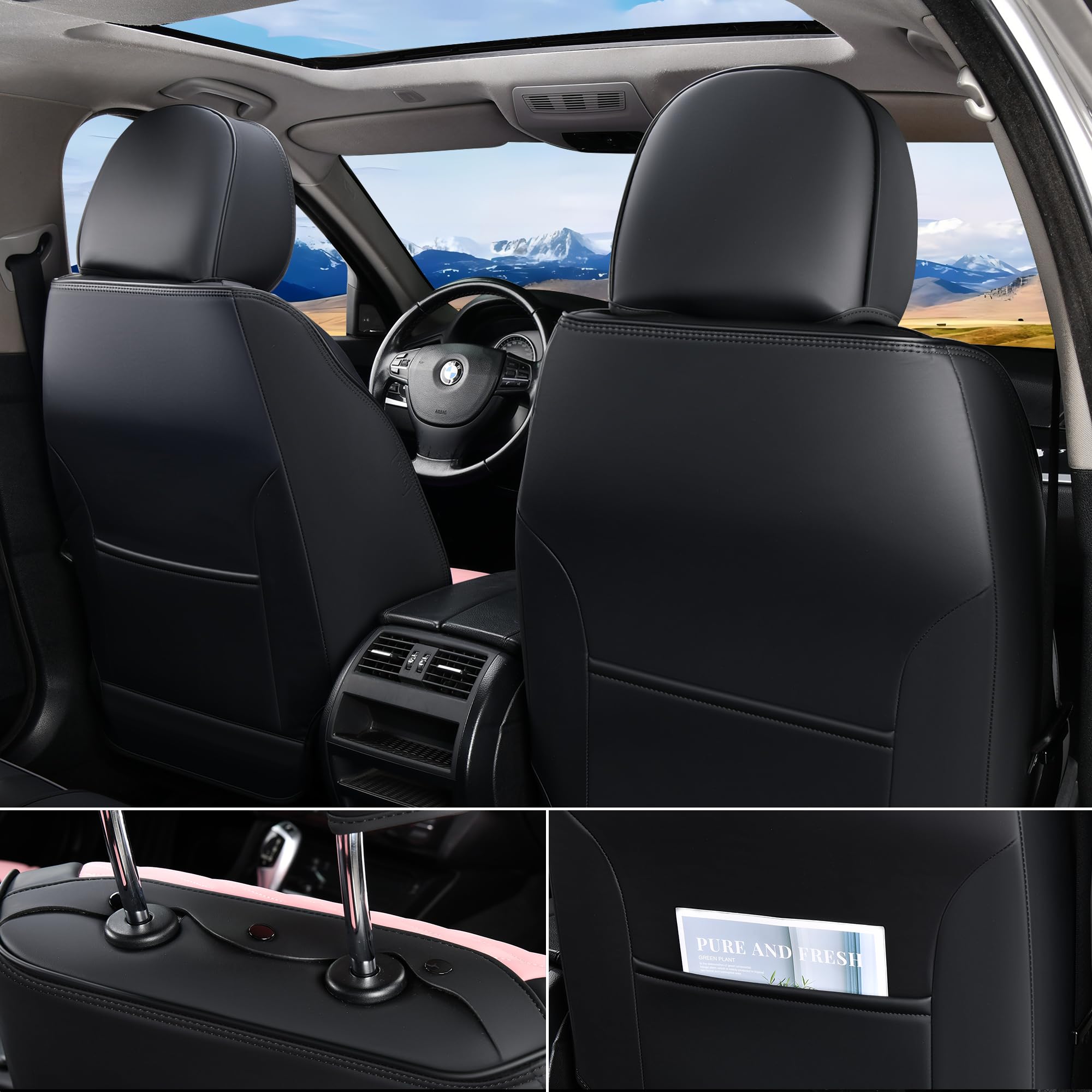 Florich Automotive Front Seat Covers For Cars, Waterproof Pink & Black Seat Covers, Leather Car Seat Covers 2 Pack, Universal Se