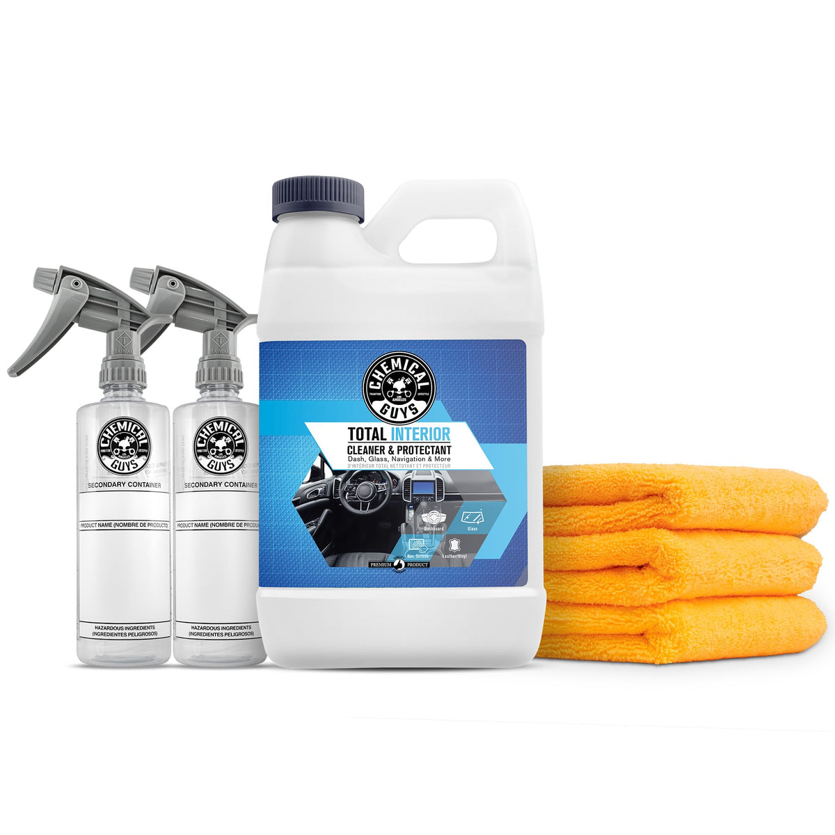 Chemical Guys Hol414 Total Interior Cleaner And Protectant, Refill Kit With 2 Dilution Bottles & 3 Premium Microfiber Towels (Sa