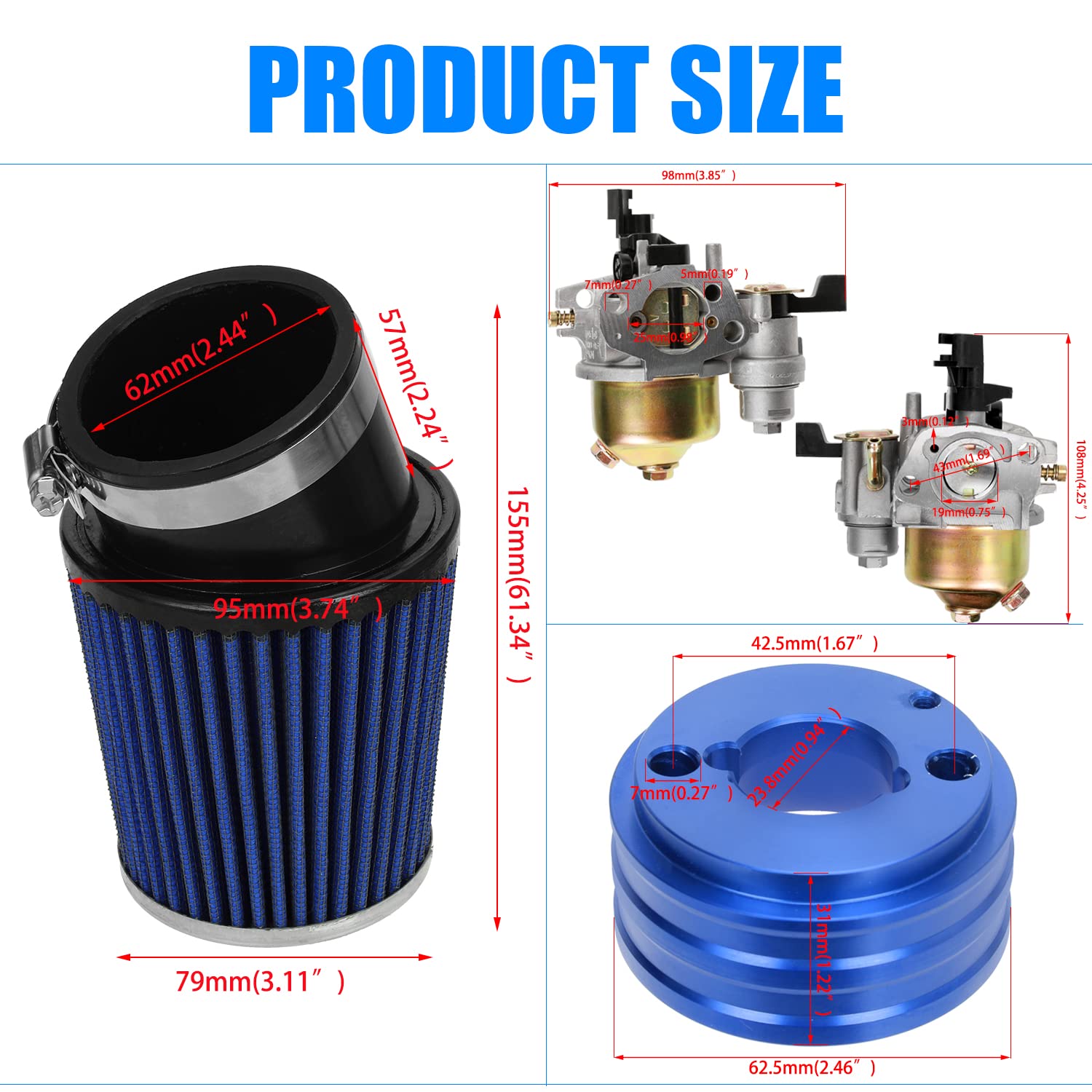 YOXUFA 212cc Racing Carburetor Kit for Predator Engines - Blue Metal, Model HYQ03-Blue, High Performance for Mini Bikes & Go Karts