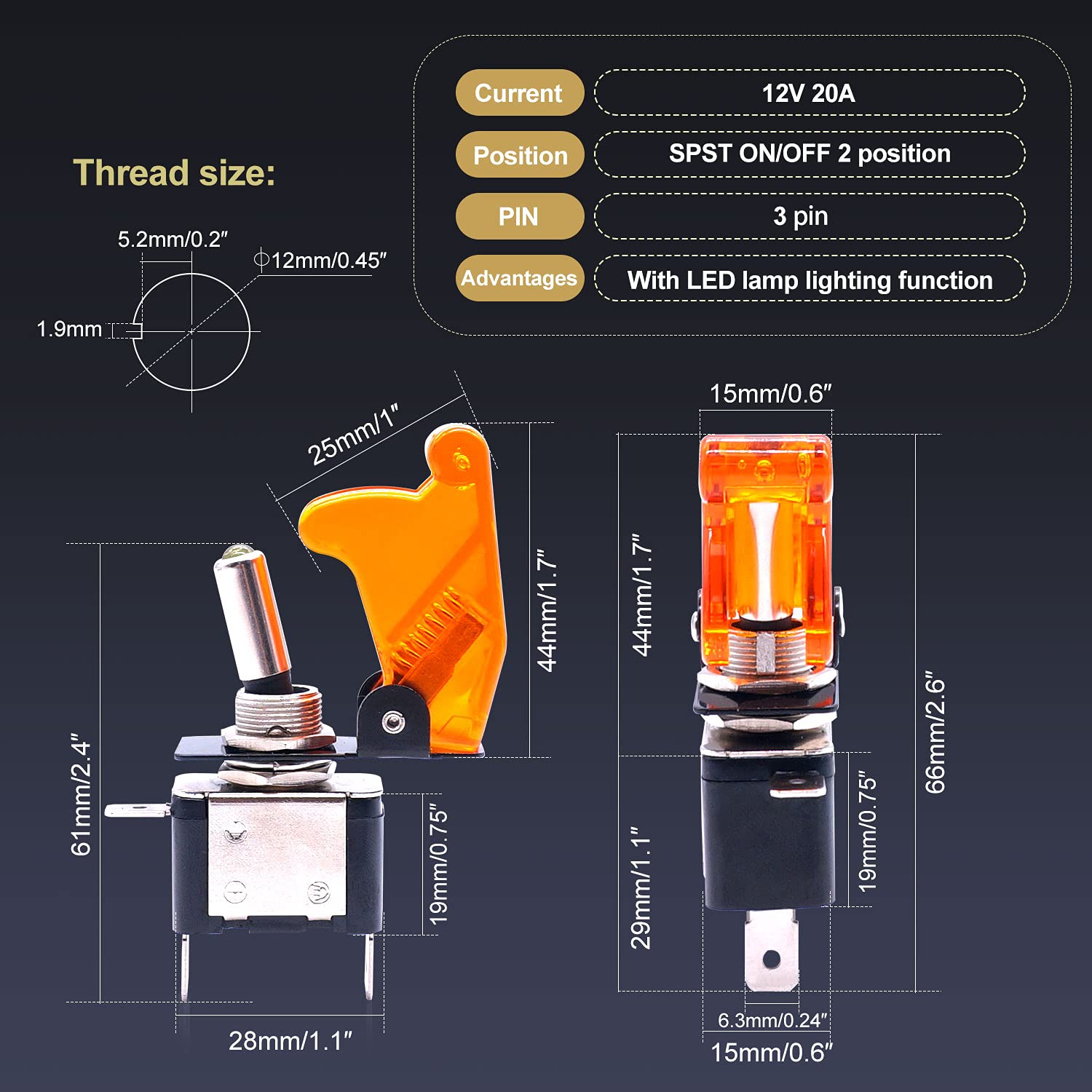 Twidec/3Pcs Rocker Lighted Toggle Switch 12V 20A Heavy Duty Racing Car Automotive Auto Spst On/Off Toggle Switch Yellow Led Illuminated 3Pin With Yellow Waterproof Safety Cover Asw-07Dyymz