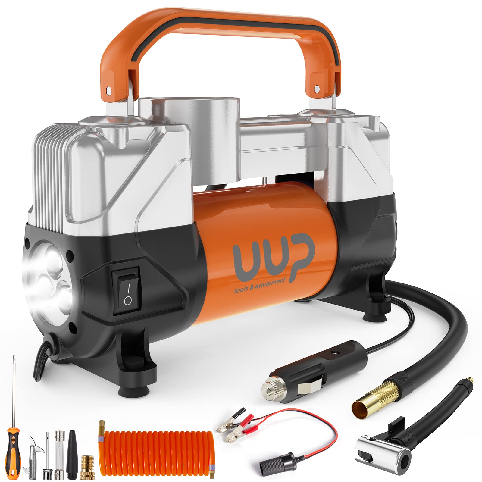Uup Tire Inflator Air Compressor, 150Psi 12V Dc Double Cylinders Heavy Duty Portable Air Pump W/Emergency Led Light For Truck, Suv, Car, Rv