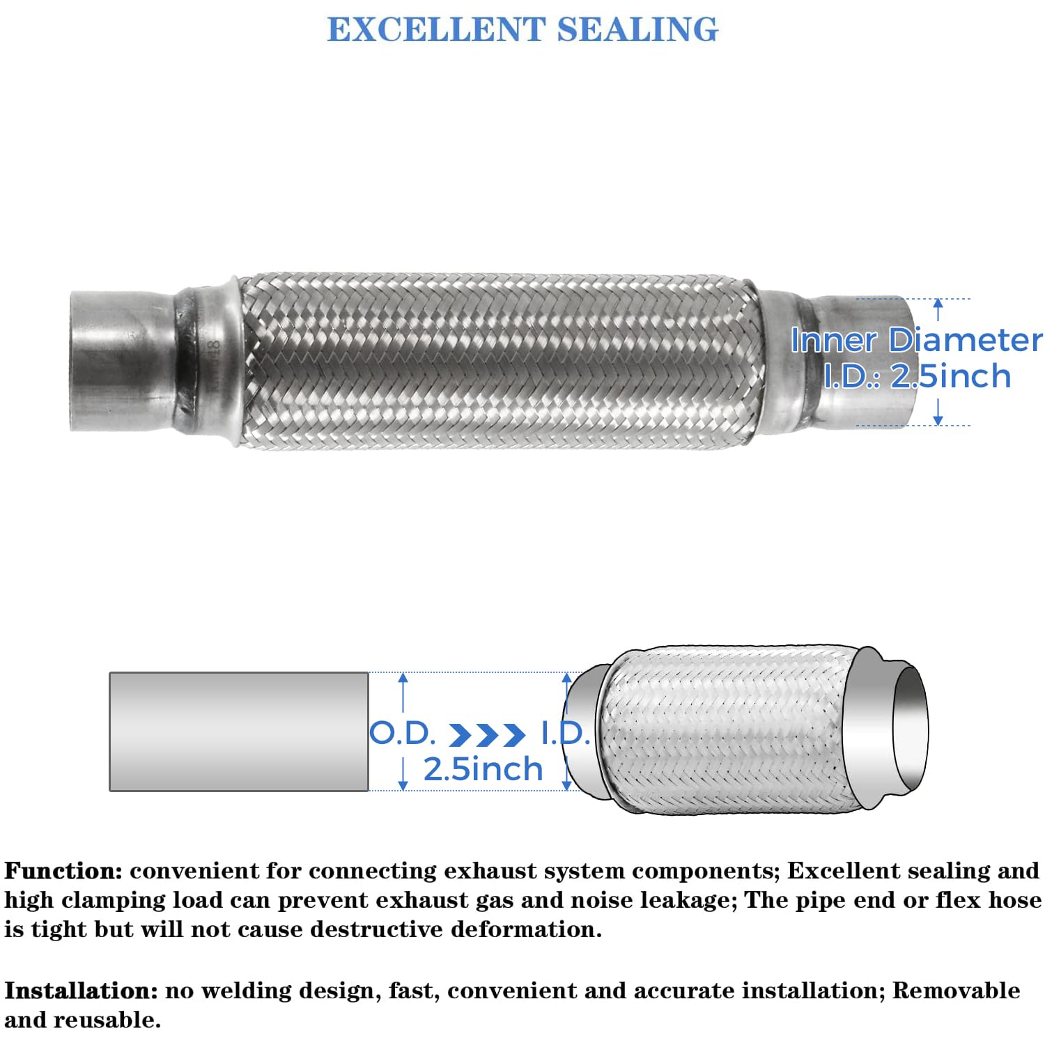 Rp Remarkable Power, Rk7548 Exhaust Flex Pipe 2.5'' X 12'' Heavy Duty Stainless Steel 16''Ol