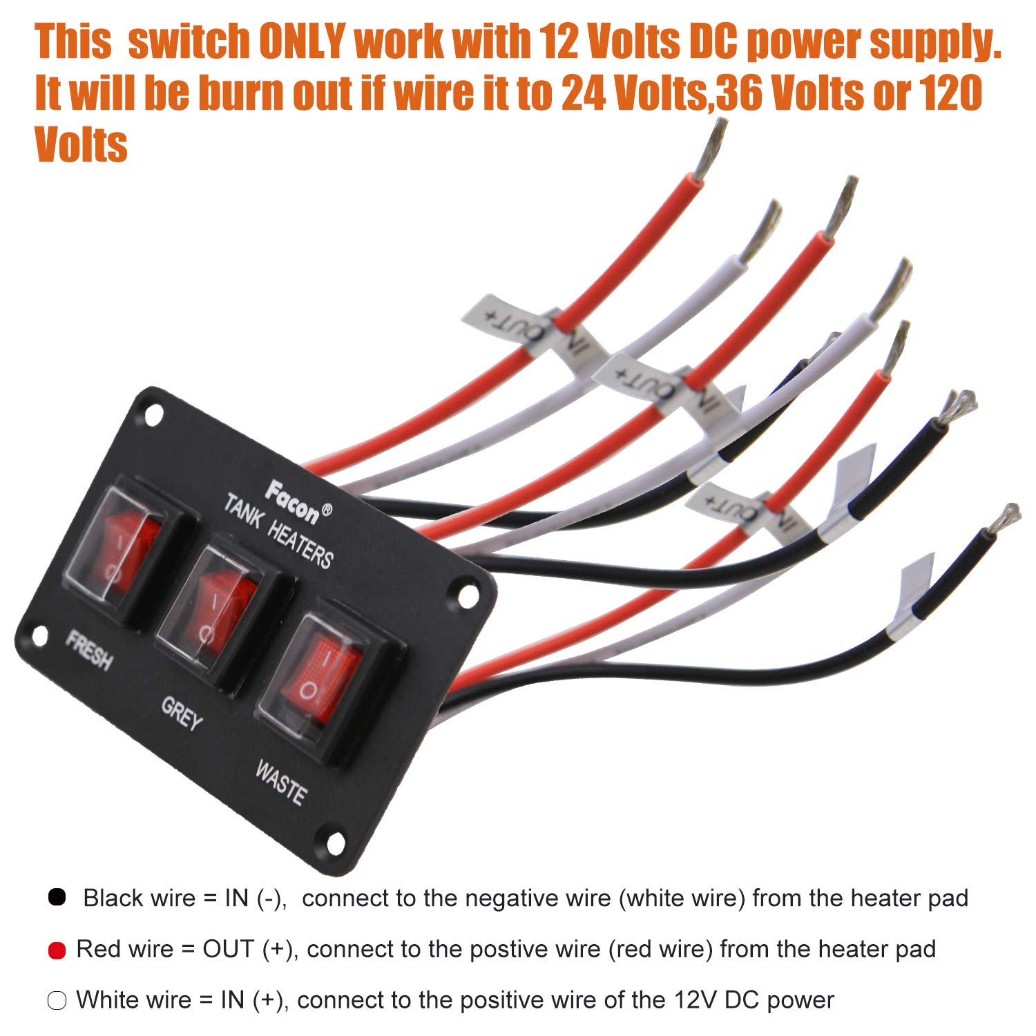 Facon 12Volts Switch Box Panel, 30Amps Rocket On&Off Switch With Red Indicator Light For Rv Tank System, Ip66 Waterproof Control Gang Kit System For Rv Tank Heating Pad