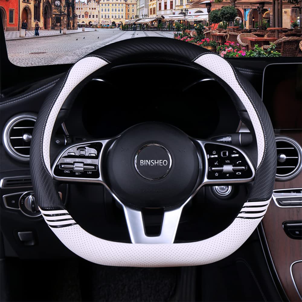 Binsheo Cute Steering Wheel Cover D Shape For Girls Women Universal 15 Inch,Black And White