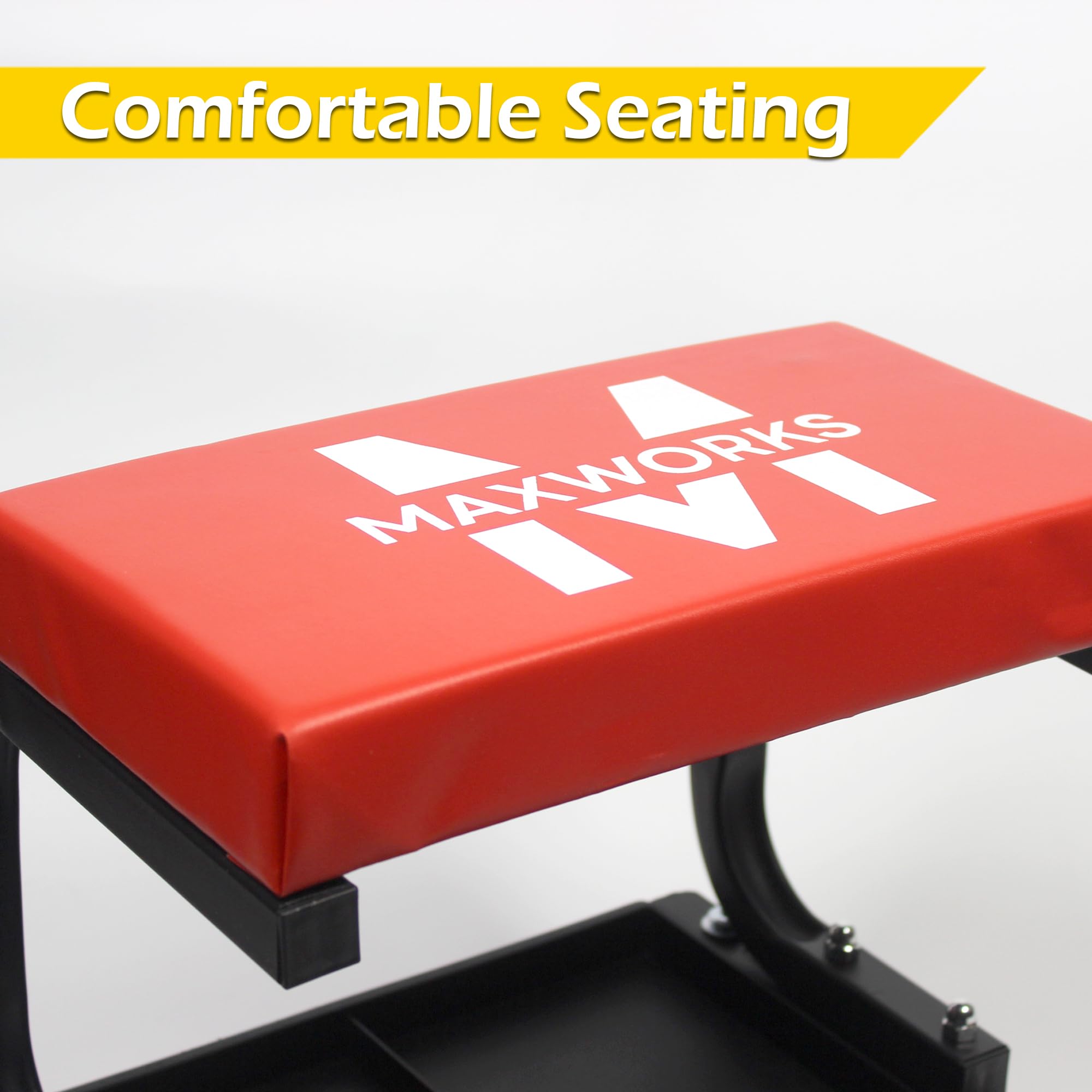 Maxworks 50875 Mechanics Roller Seat, 250 Lbs Capacity Padded Rolling Workshop Stool With Tool Tray Storage For Garage, Shop, Au