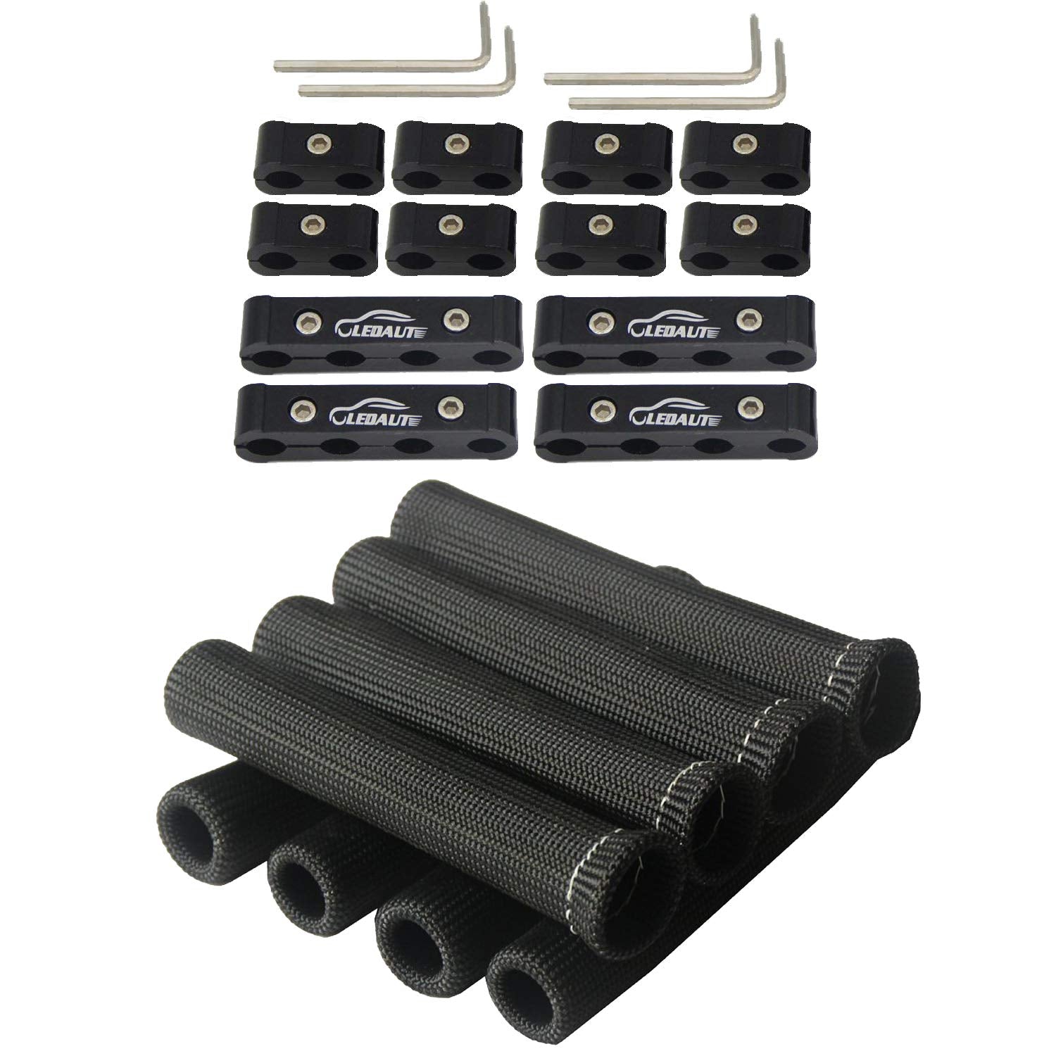 Ledaut Black 8Cyl Spark Plug Heat Shield Protector And 12Pc Engine Spark Plug Wire Separator Insulating Fire Sleeve With Divider