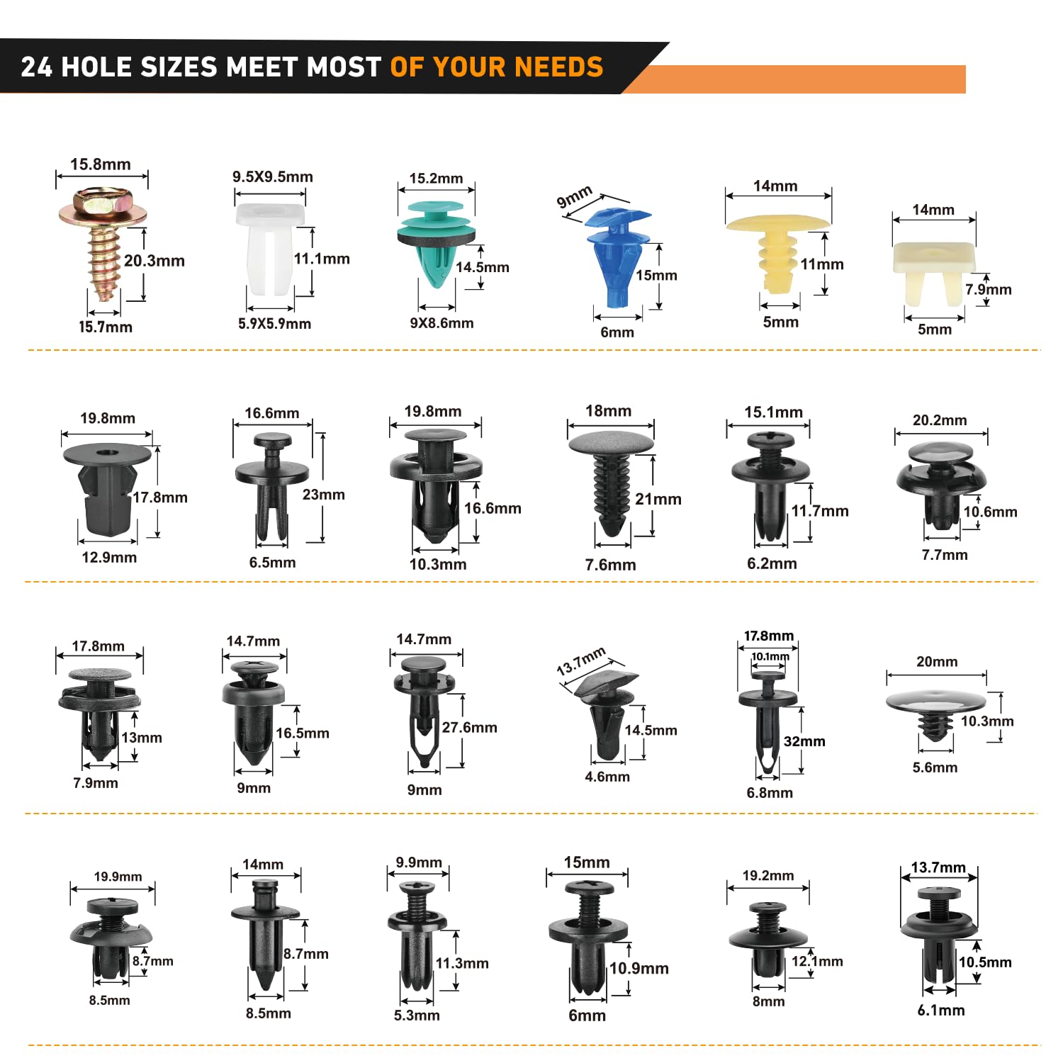 Gooacc 900Pcs Plastic Rivets And Auto Body Fasteners Assortment -24 Most Popular Sizes Nylon Bumper Clips With 10 Cable Ties For