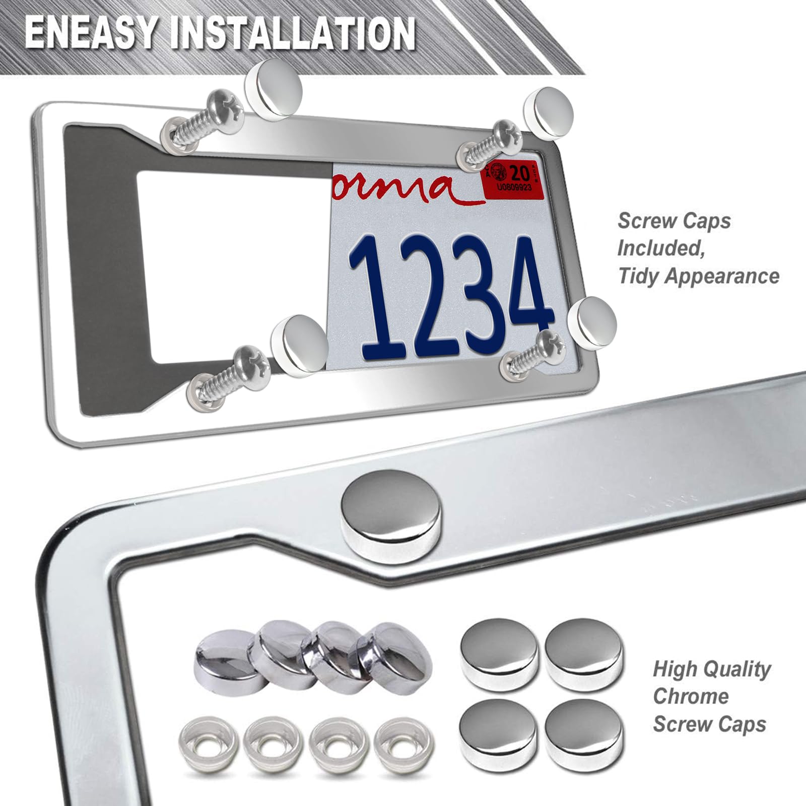 Aootf Stainless Steel License Plate Frames- Heavy Duty Polish Mirror Silver Car Tag Cover With Chrome Screw Caps, 4 Hole 2 Pack