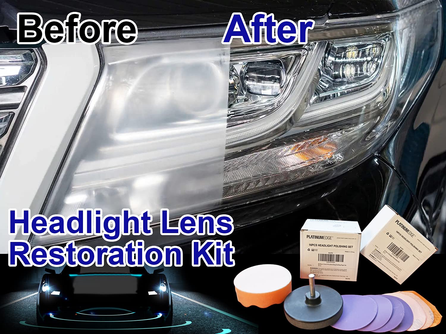 Platinumedge Car Headlight Restoration Kit, 30 Piece Headlight Renewal Kit, 3-Inch Car Headlights Polishing Sanding Discs Kit, H