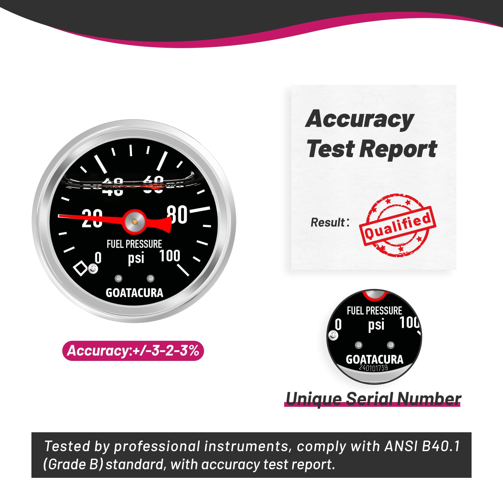 Goatacura 0-100Psi Glycerin Filled Fuel Pressure Gauge, 1-1/2'' Black Dial Size, 304 Stainless Steel Case, 1/8'' Npt Center Back