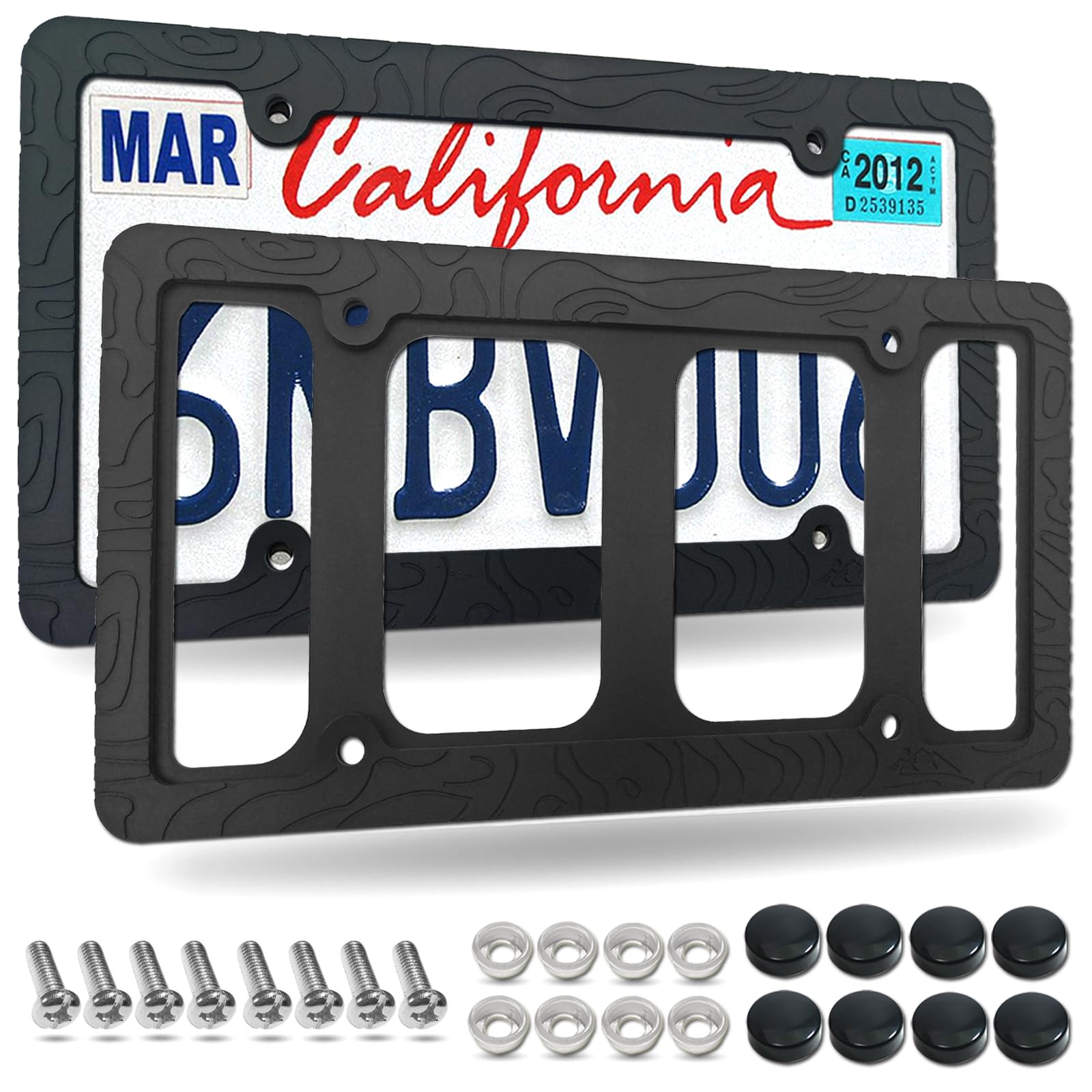 Tuersan Topography Silicone License Plate Frames- 2 Pack Matte Black Mountain Design Car Tag Holder Cover with Screws Caps, Pres