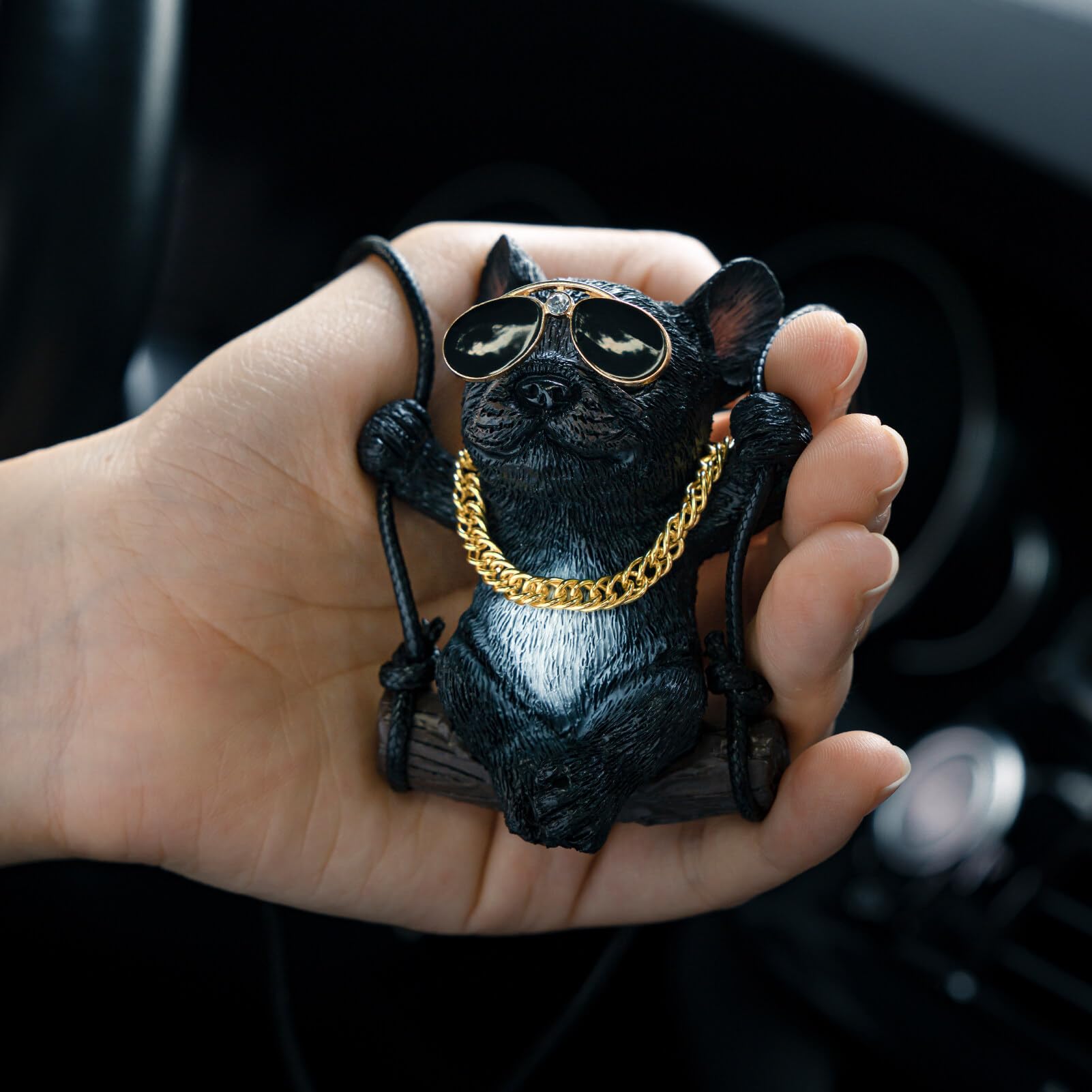 Floruit French Bulldog Car Mirror Hanging Accessories Cute Swinging Dog Rear View Mirror Accessories For Men & Women (Black)