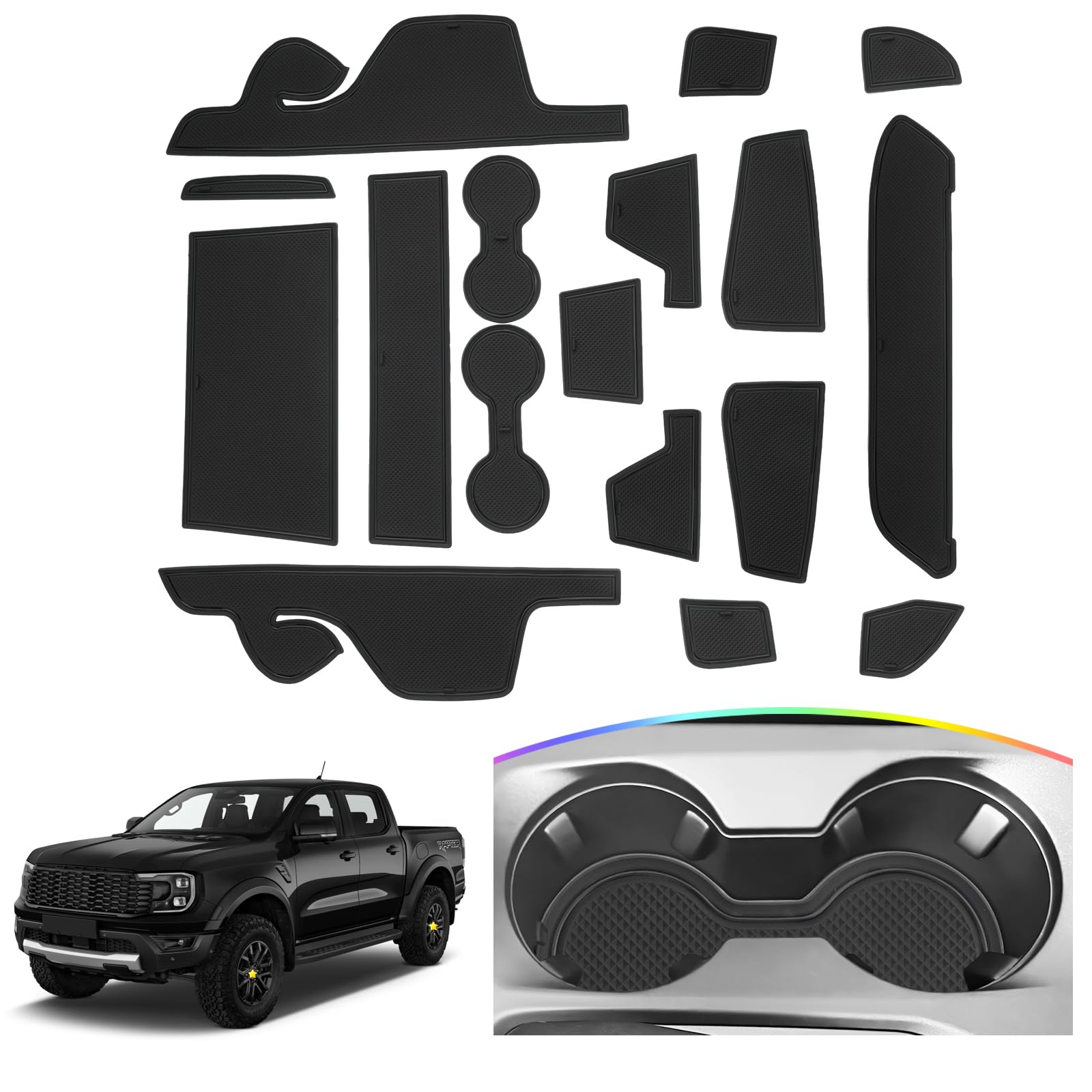 Sktu Door Slot Mat For 2024 2025 Ford Ranger Door Groove Gate Pad Ford Ranger 2024 2025 Accessories Fit 2024 2025 Ranger (Xl/Xlt/Lariat/Raptor) Door Compartment Cup Center Console Liners (17Pcs Black)