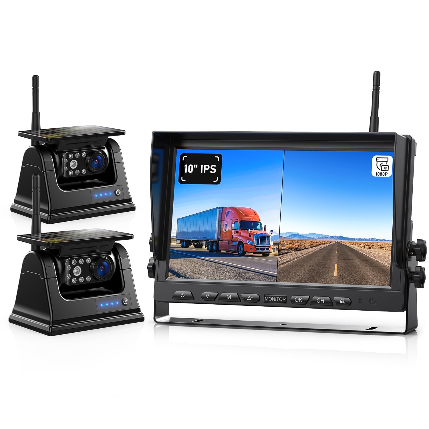 Zeroxclub Magnetic Solar Wireless Backup Camera Hd 1080P 10'' Dvr Monitor, Dual Rv Cameras Wireless System For Hitch Towing Trav