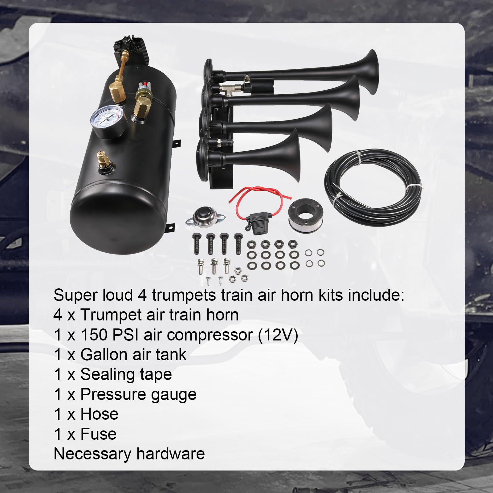 4 Trumpet Train Horn Kit for Car Truck Pickup Semi Jeep RV SUV 12v Complete Onboard System 150psi Air Compressor 1 Gallon Air Ta