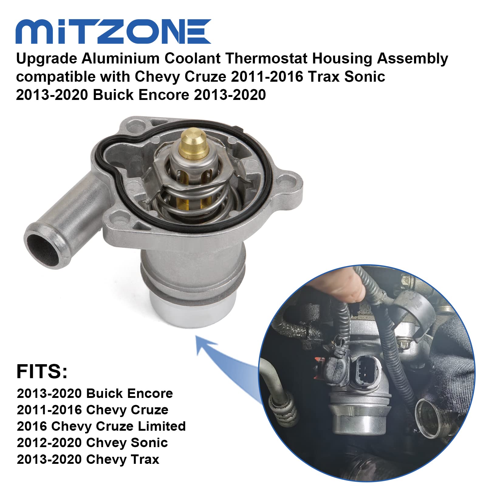 Mitzone Upgrade Aluminium Coolant Thermostat Housing Assembly Compatible With Chevy Cruze 2011-2016 Trax Sonic 2012-2020 Buick Encore 2013-2019 1.4L Replace 25200455 55565336 902-808