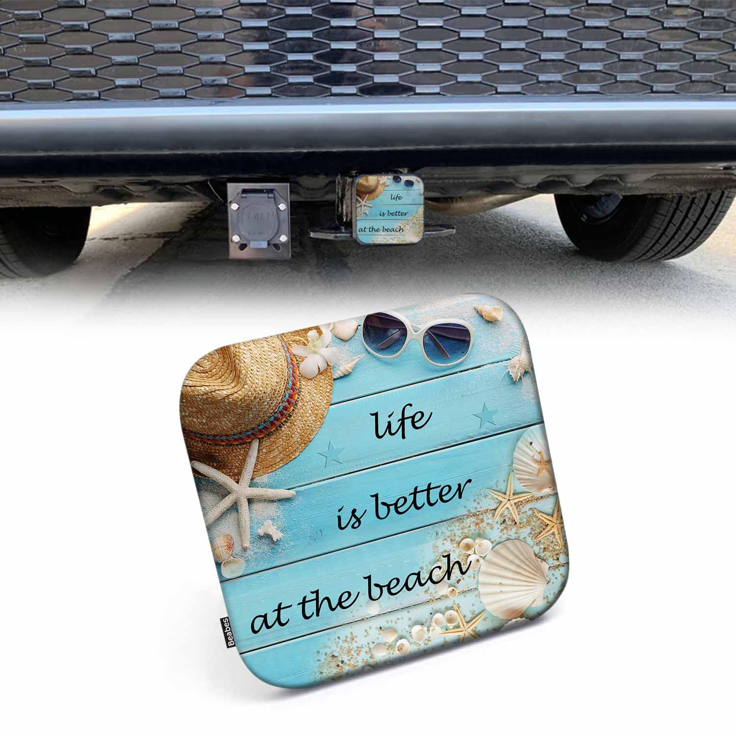 Beabes Seashells Car Towing Hitch Covers Ocean Starfish Sunglasses Wooden 2 Receiver Hitch Cover, Beach Quote Hitch Cover Protec