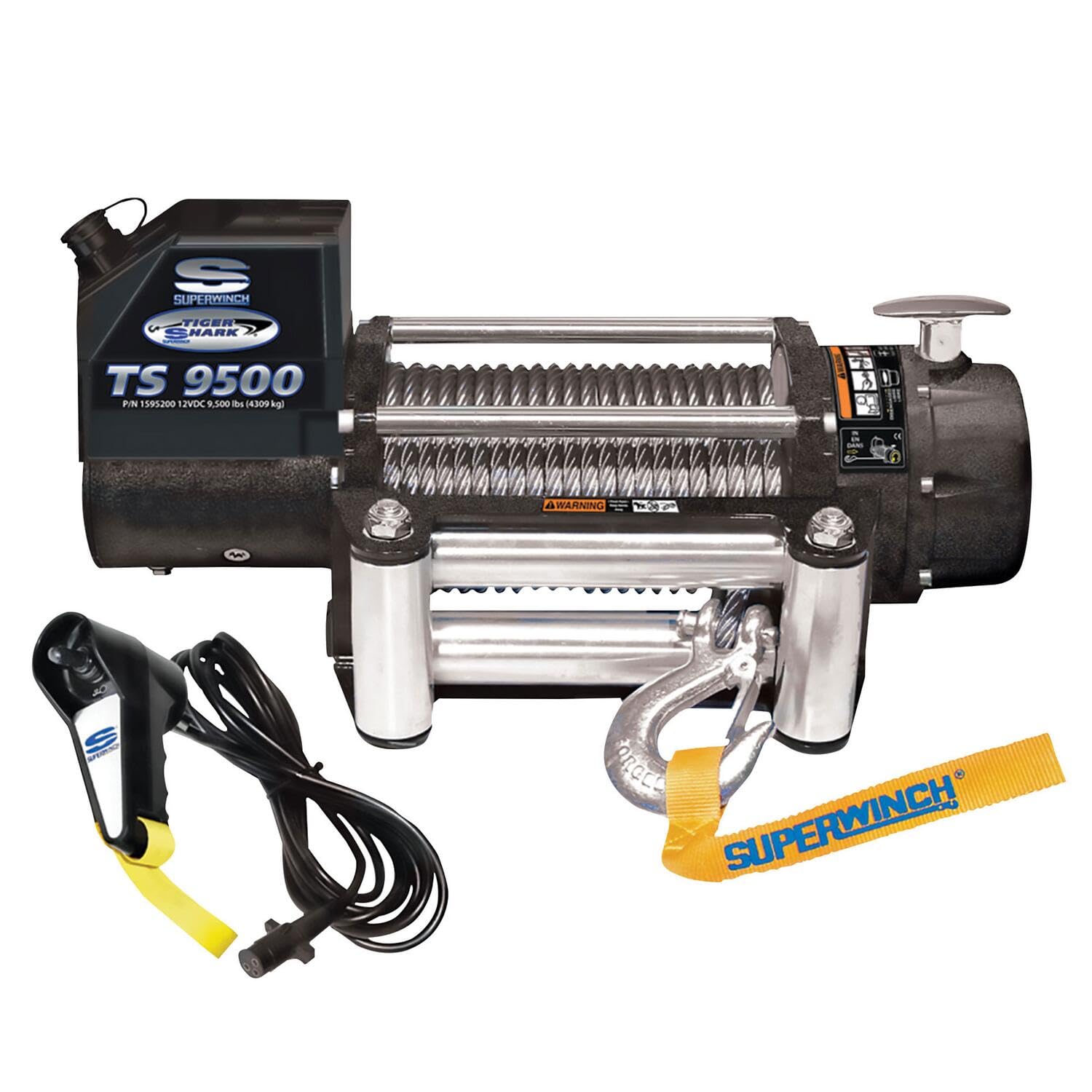 Superwinch 1595200 Tiger Shark 9500 12V DC Winch 9,500lb(4,309kg) Single Line Pull with Roller Fairlead 21/64 x 95 Steel Wire R