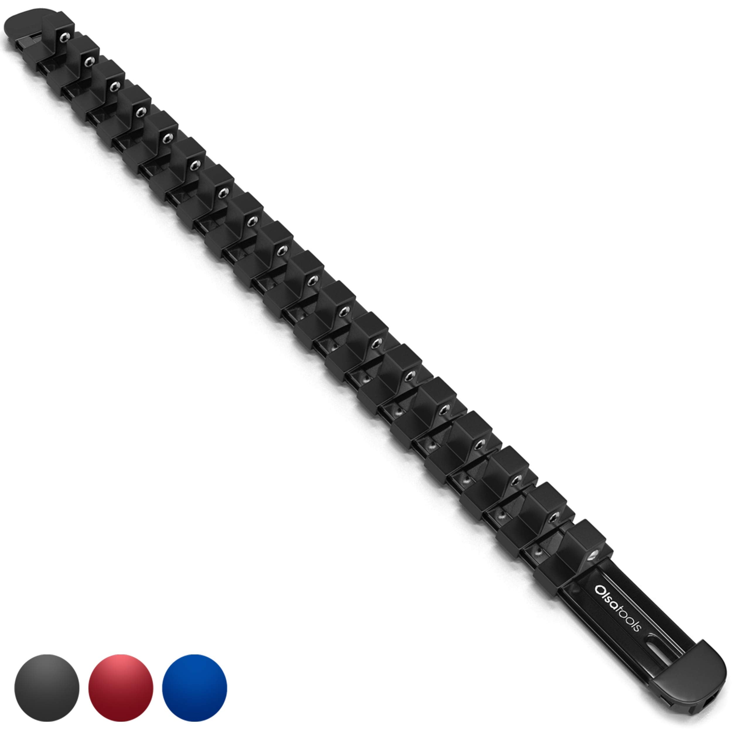 Olsa Tools 3/8-Inch Drive Aluminum Socket Organizer with Locking End Caps | Professional Quality Socket Holder (Black)