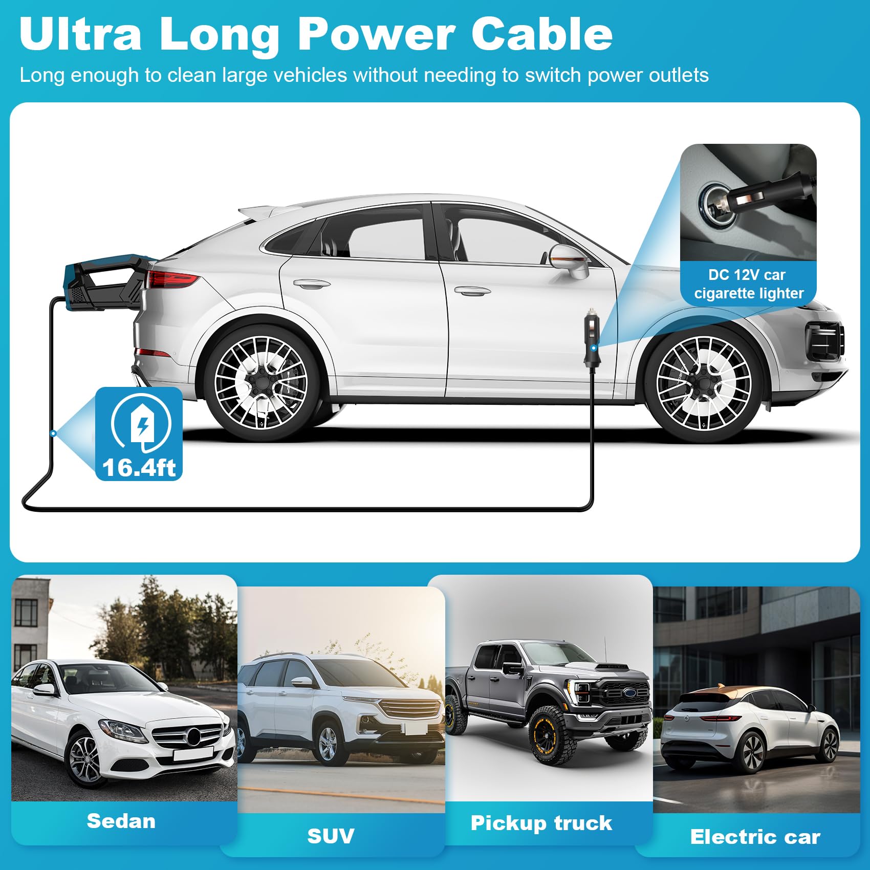 Car Vacuum - Portable Handheld Car Vacuum Cleaner High Power With 16.4Ft Cord, Bag, Led Light & Attachments - Dc 12V High Power